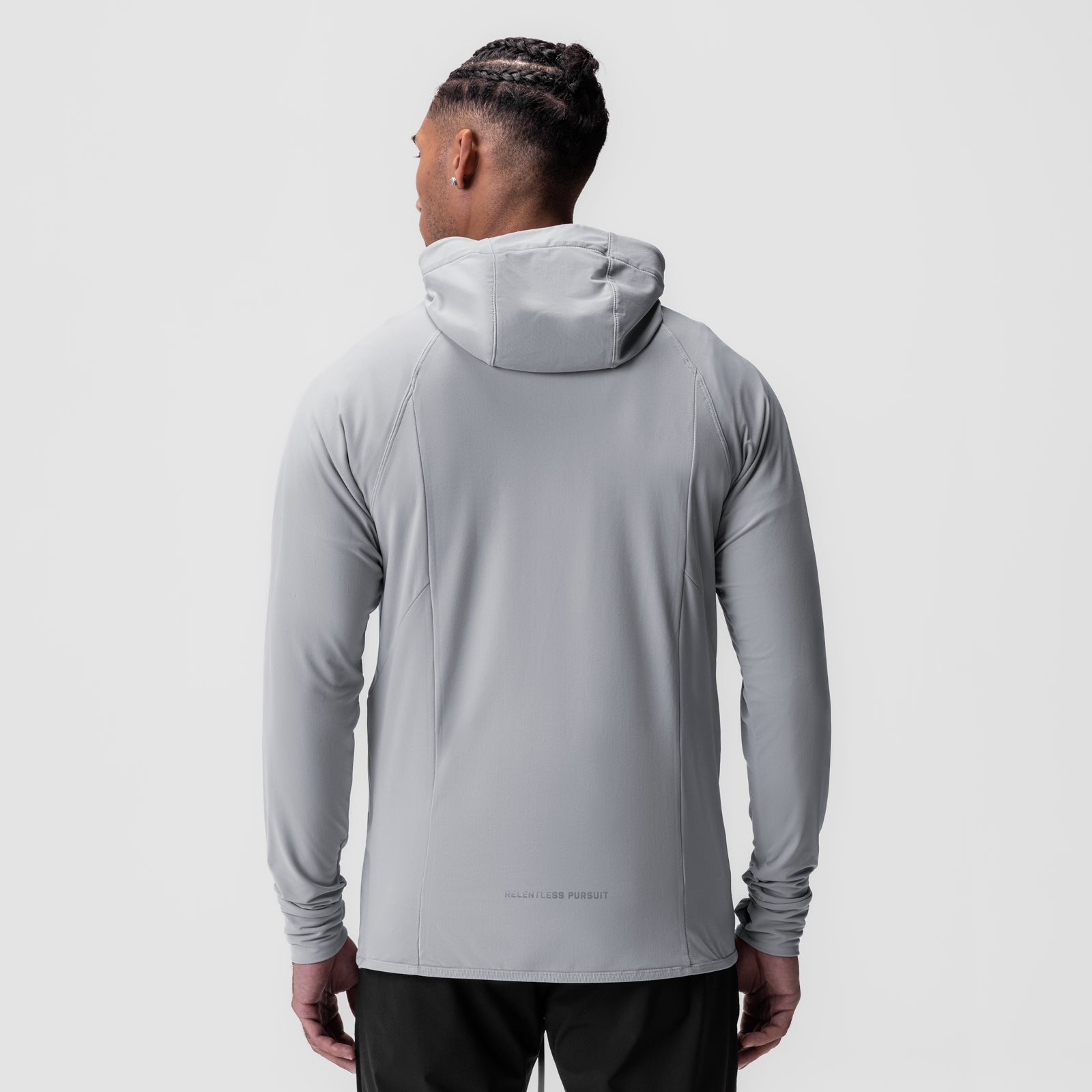 Training Hoodie in slate grey, back view on model