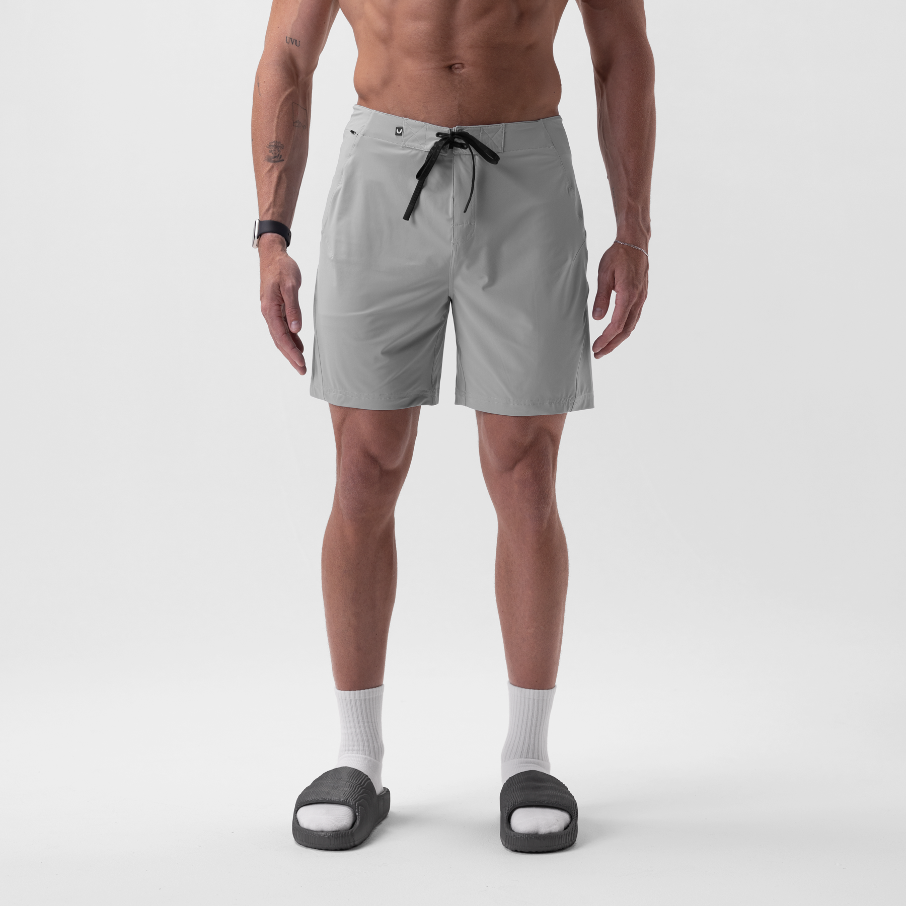 Revolutional Board Short in Slate Grey worn by male model, front view