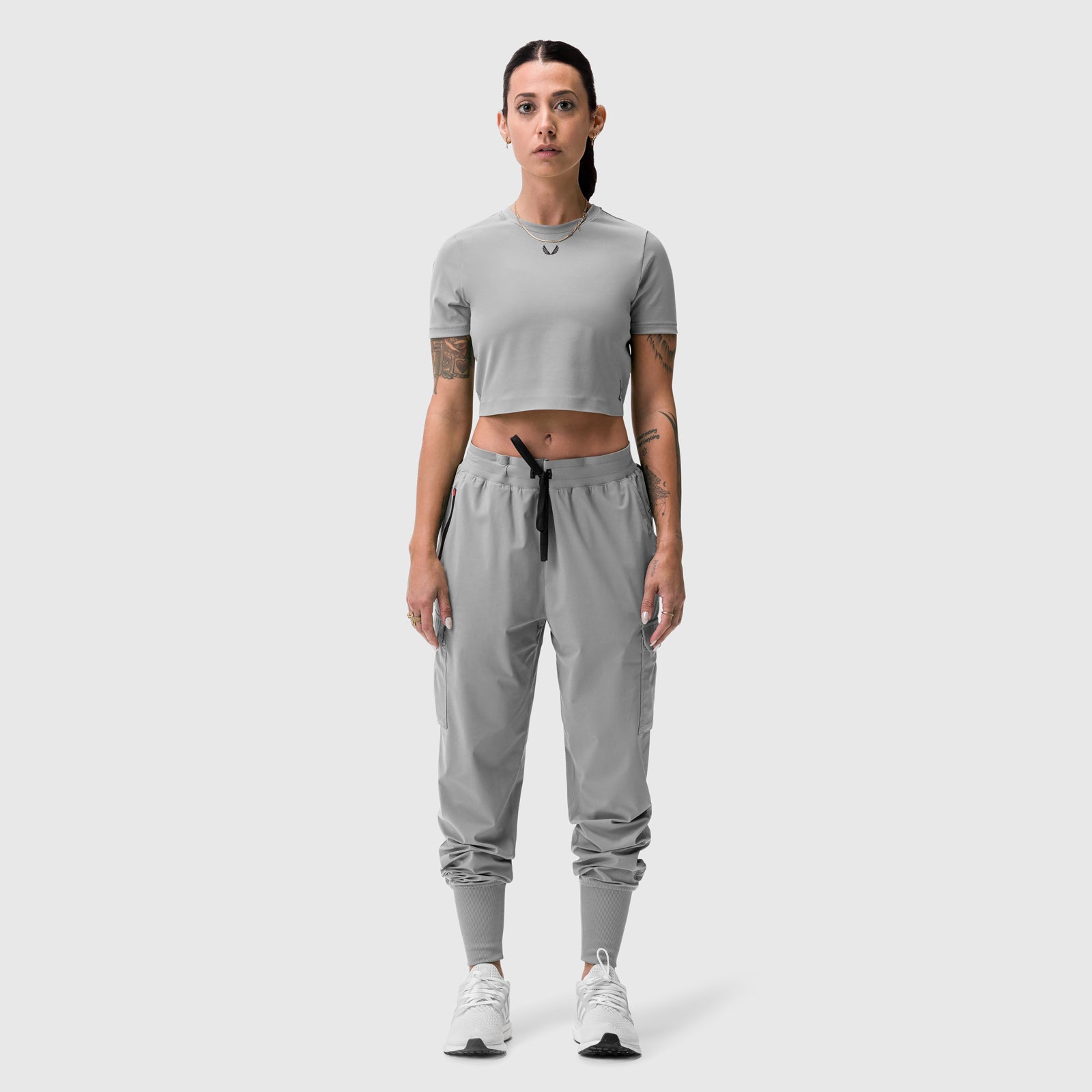 Tetra-Lite® Cargo High Rib Jogger in Slate Grey worn by model, front view