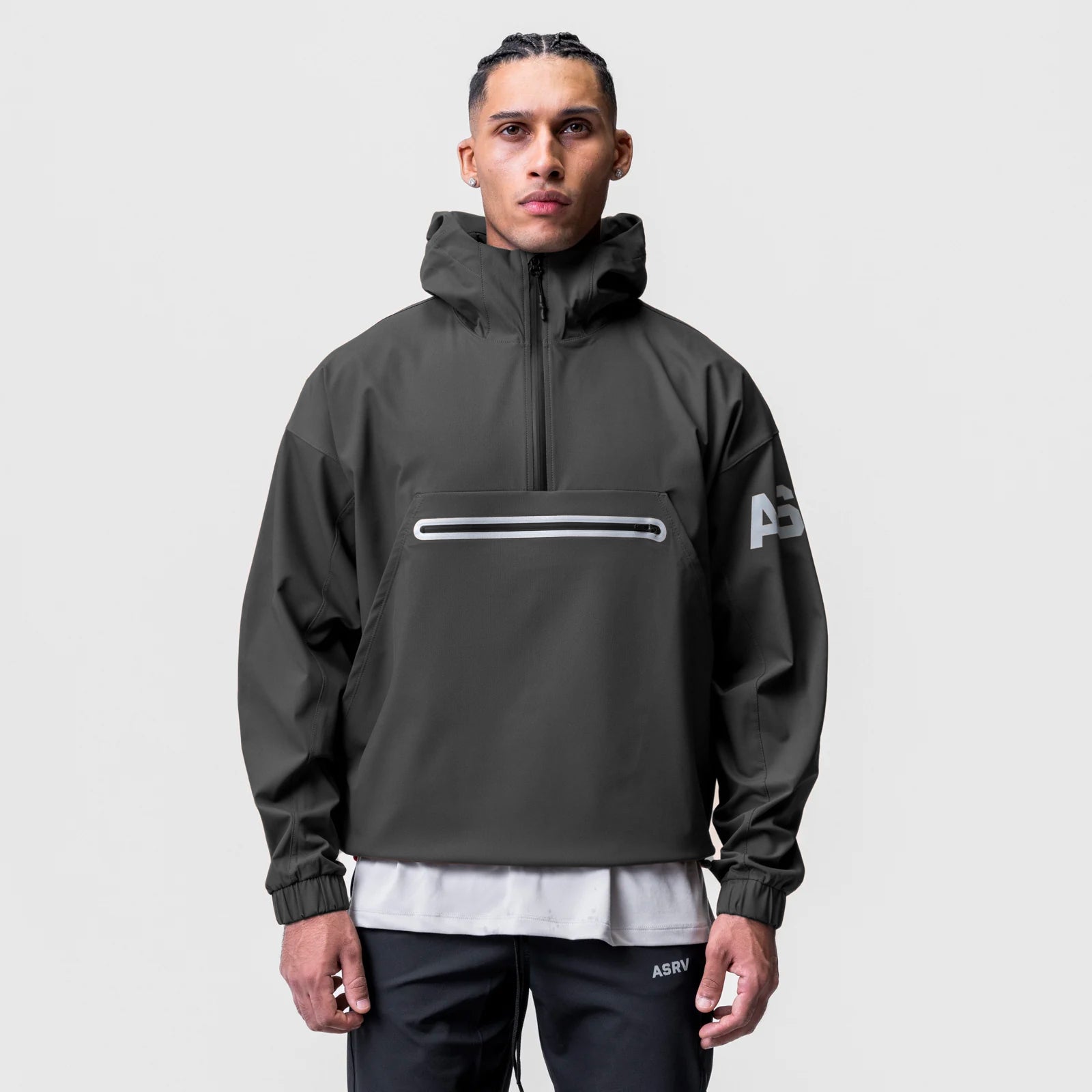 Weather-Ready Anorak Jacket in space grey worn by model, front view