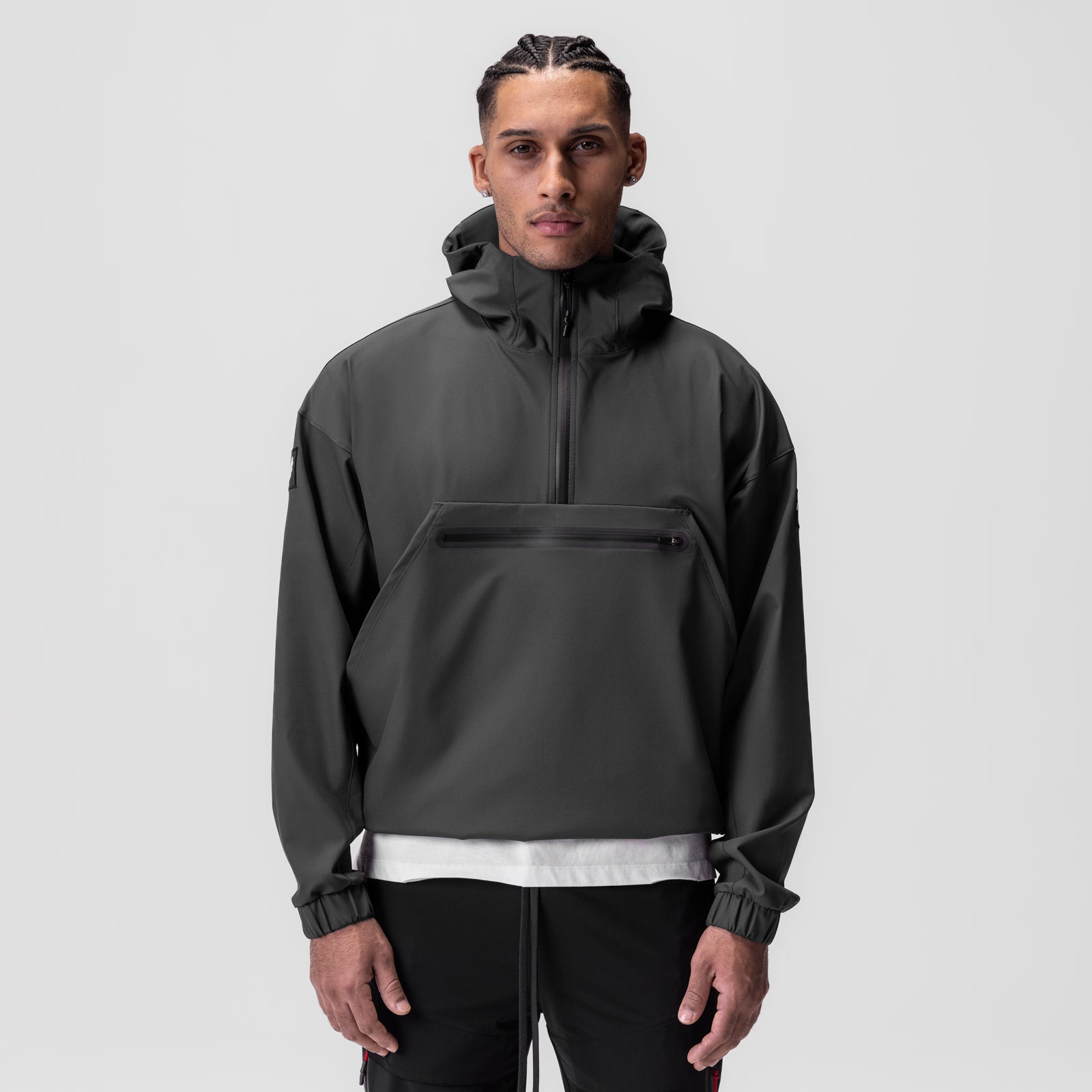 Weather-Ready Anorak Jacket in space grey worn by model, front view