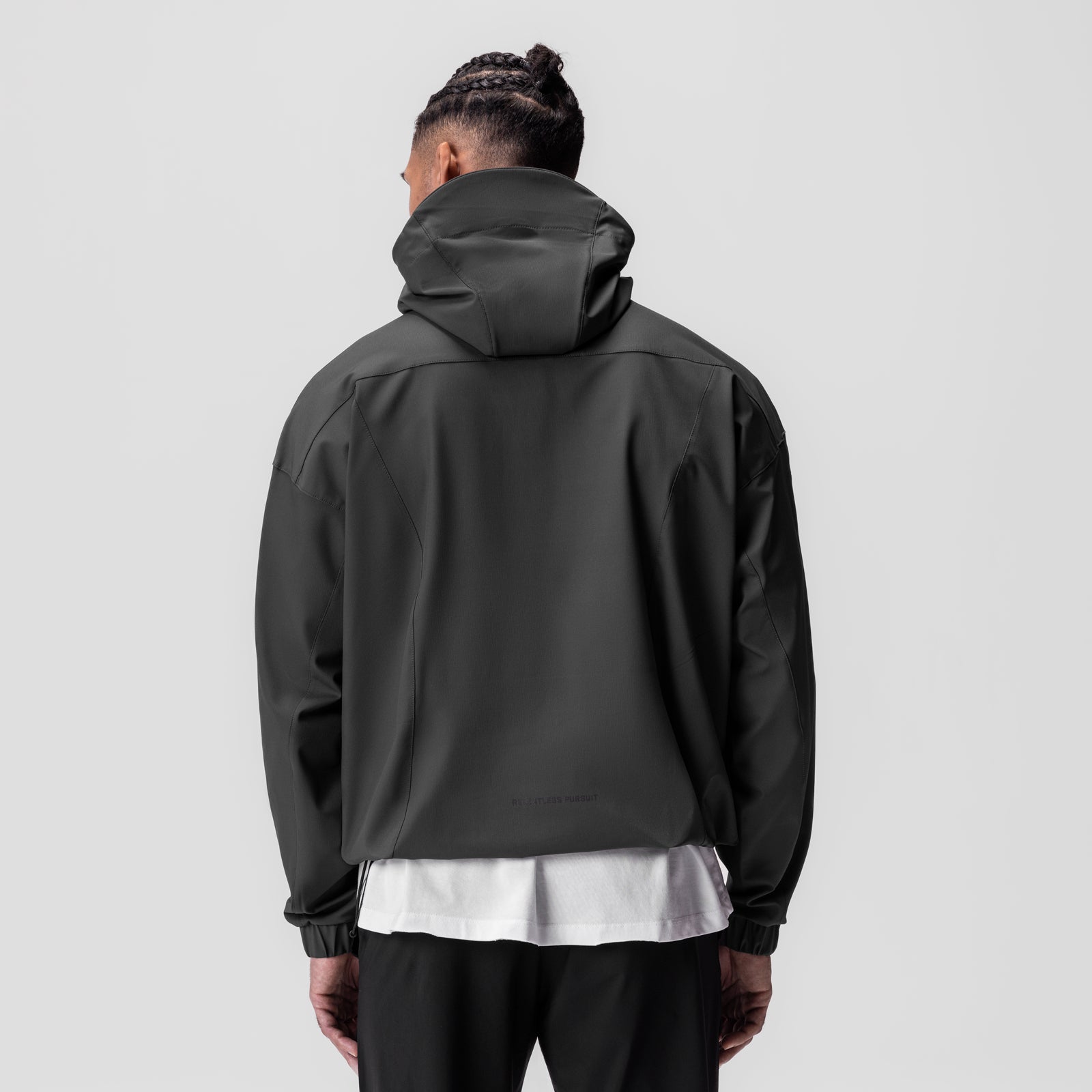 Weather-Ready Anorak Jacket in space grey, rear view on model