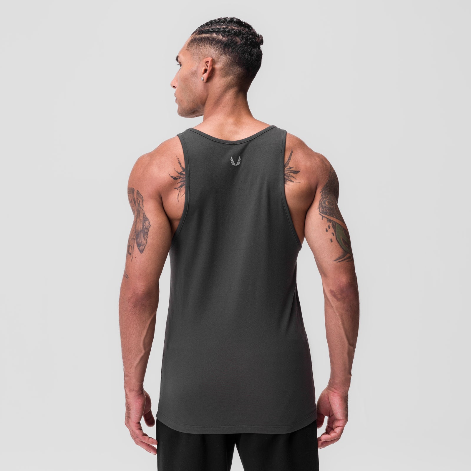 CottonPlus™ Standard Slim Tank in Space Grey, worn by model shown from back