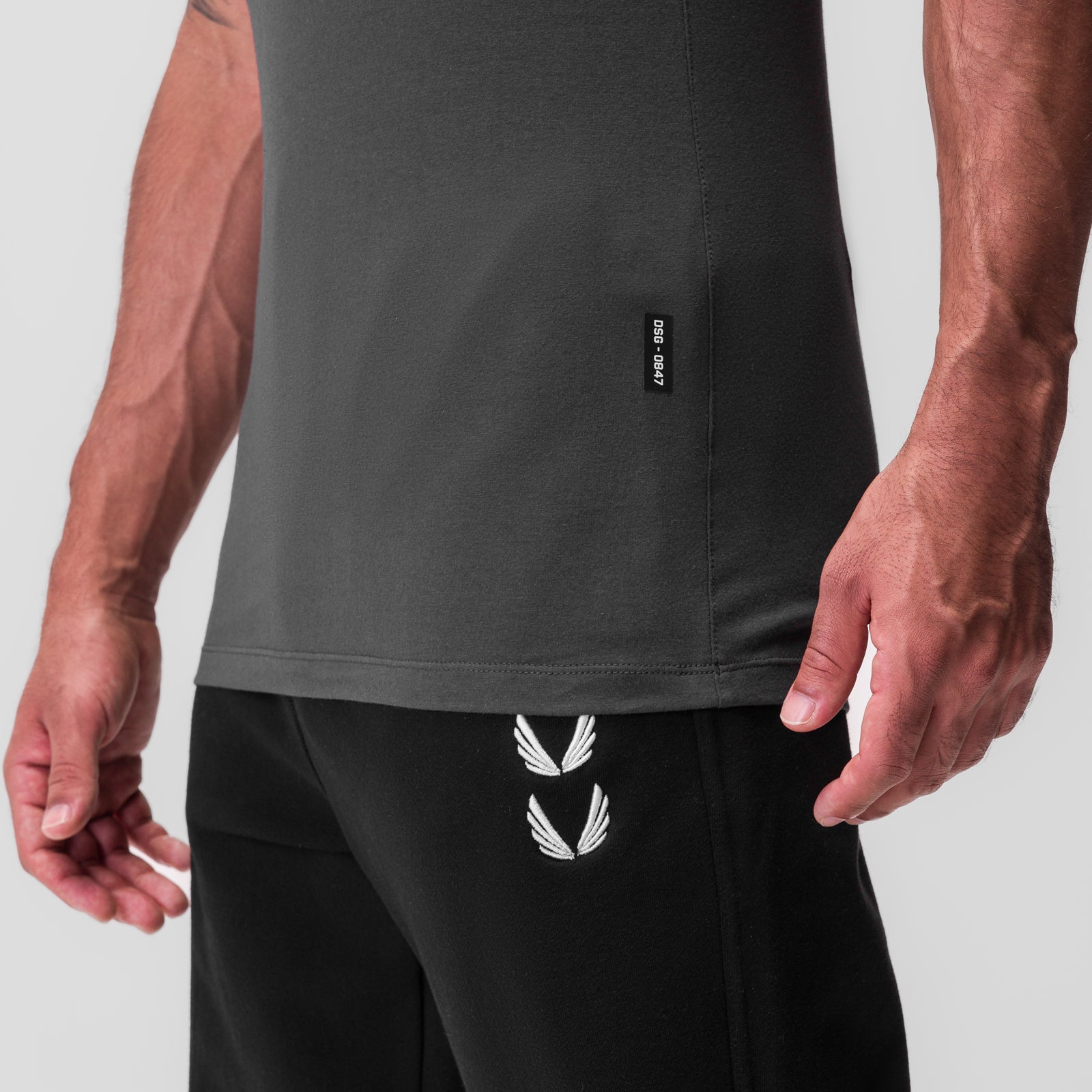 CottonPlus Standard Slim Tank in Space Grey worn by model, front view