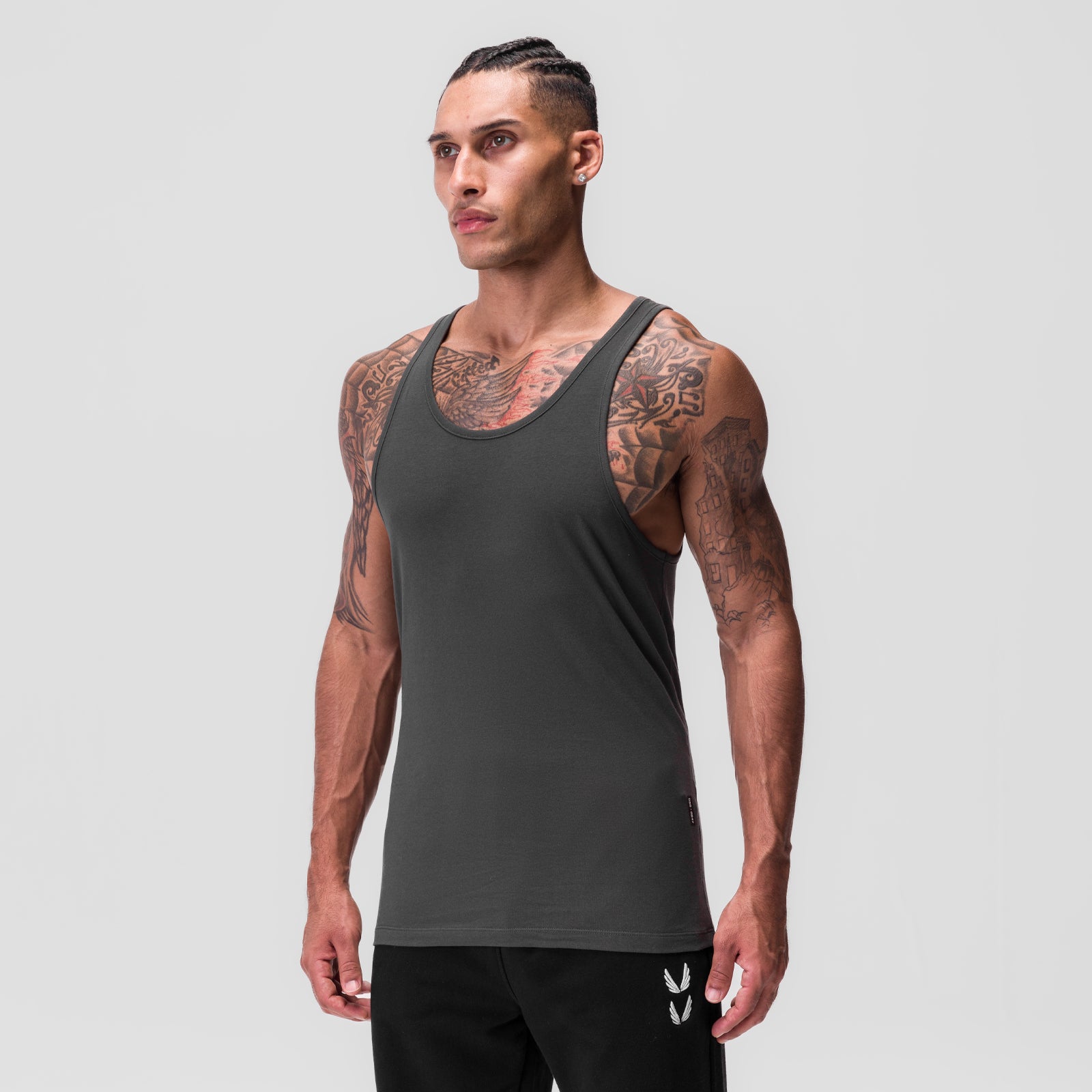 CottonPlus™ Standard Slim Tank in Space Grey, worn by model, front view