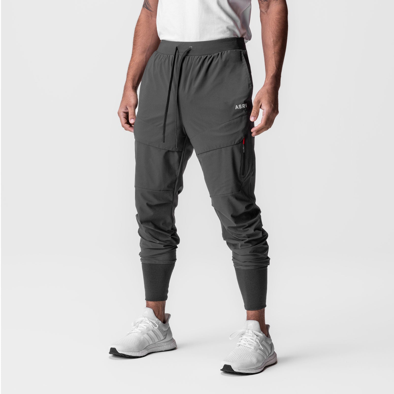 Tetra-Lite® Tech High Rib Jogger in space grey, worn by model, front view