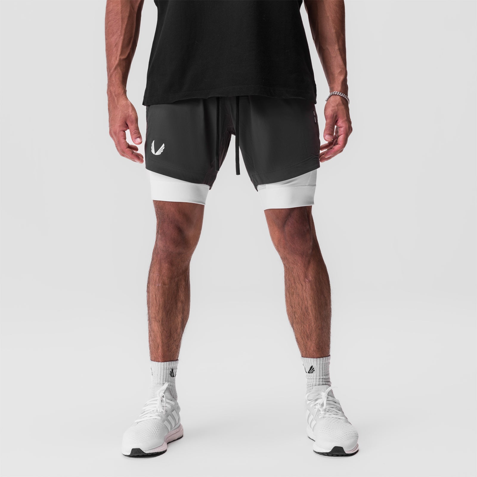 Tetra-Lite 7" Liner Short in space grey and white, modeled front view