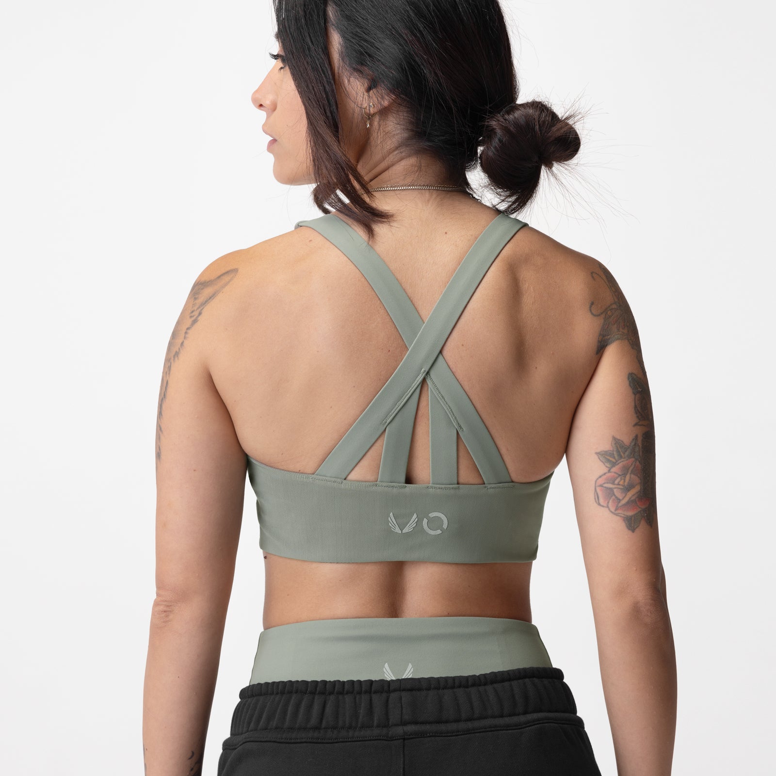 Sage Lycra® Hybrid Sports Bra worn by model, back view showing criss-cross straps