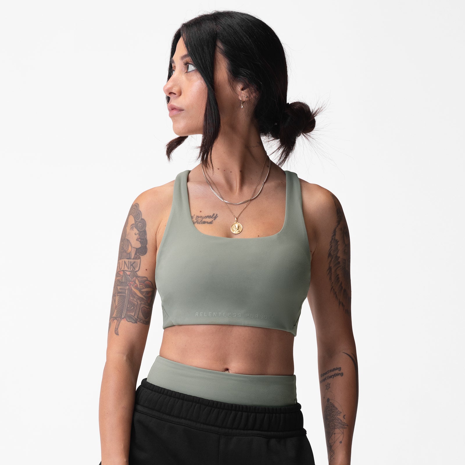 Sage Lycra® Hybrid Sports Bra worn by model, front view