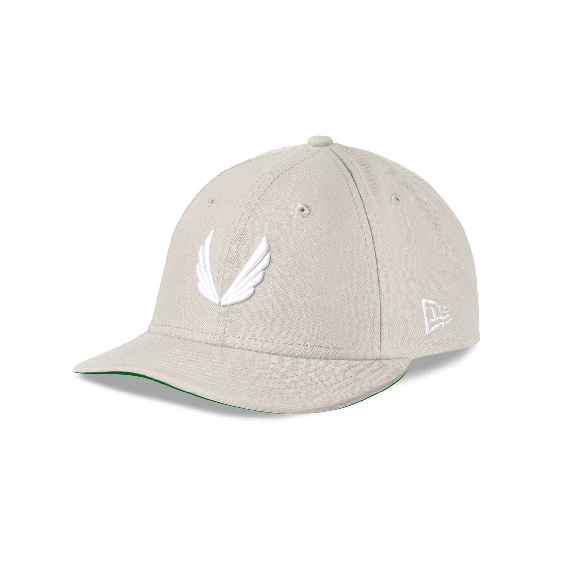 flatlay New Era 59Fifty Low Profile Hat in stone with white wings logo, front view