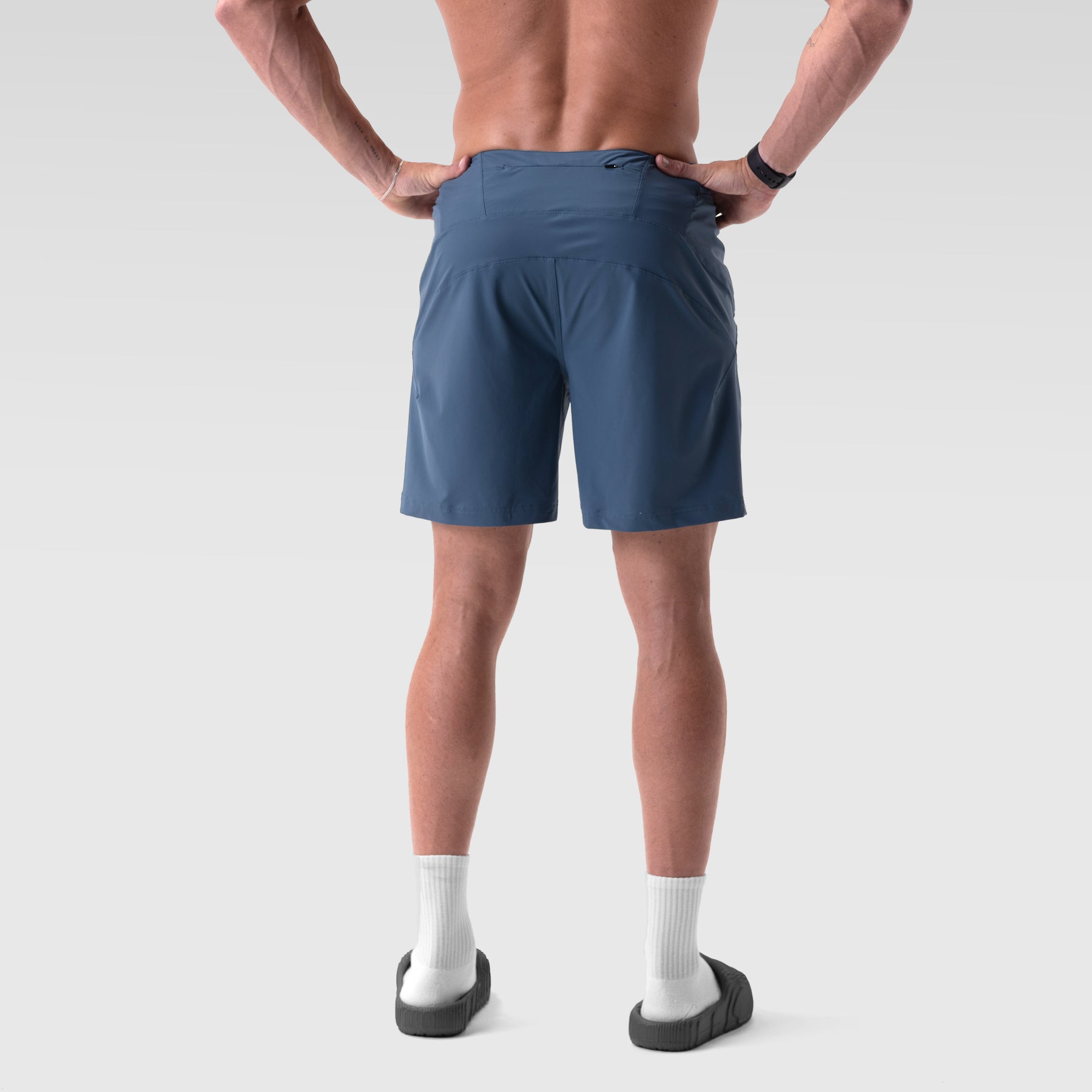 Revolutional Board Short in storm blue, rear view on model