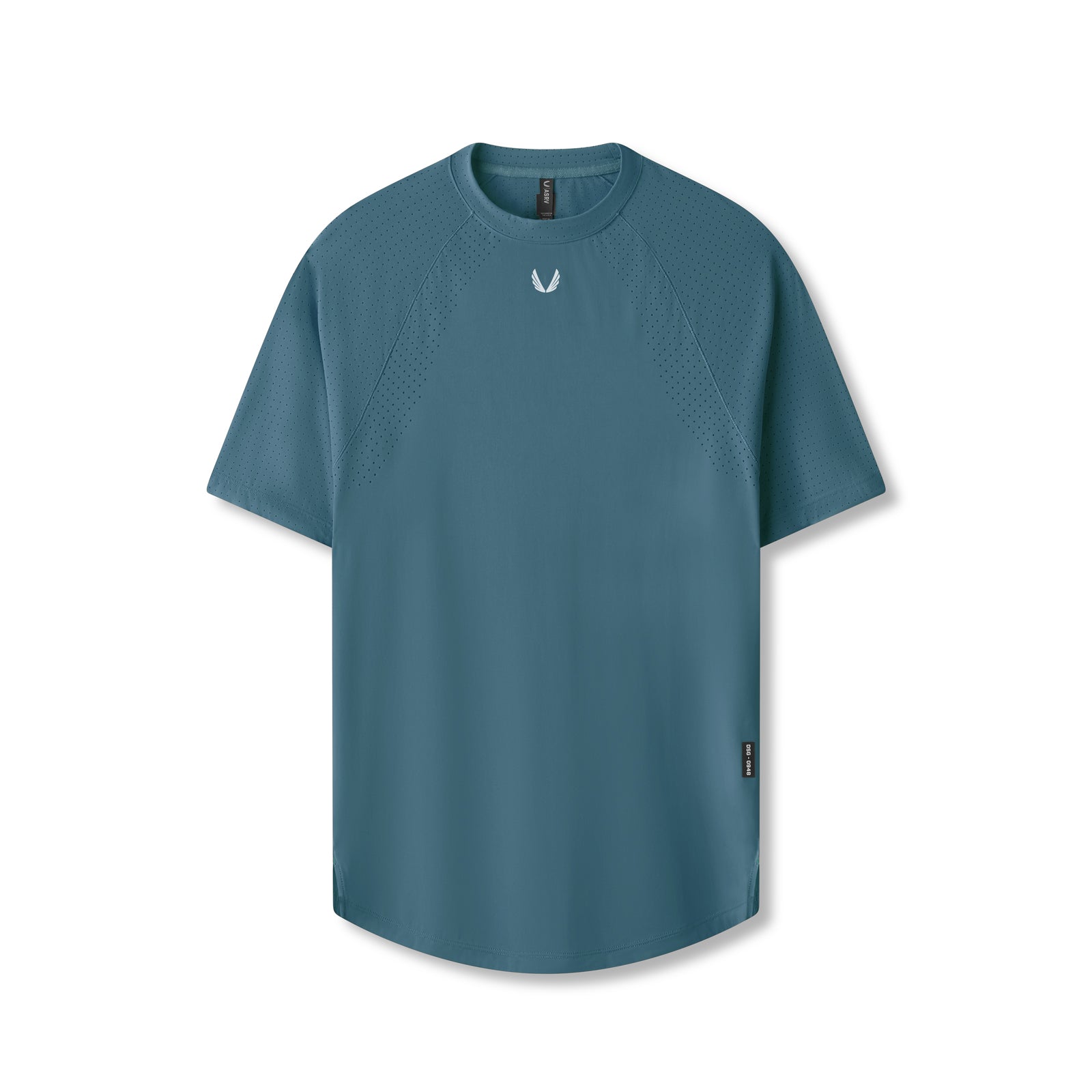 flatlay Laser-Vent Established Tee in storm blue, front view