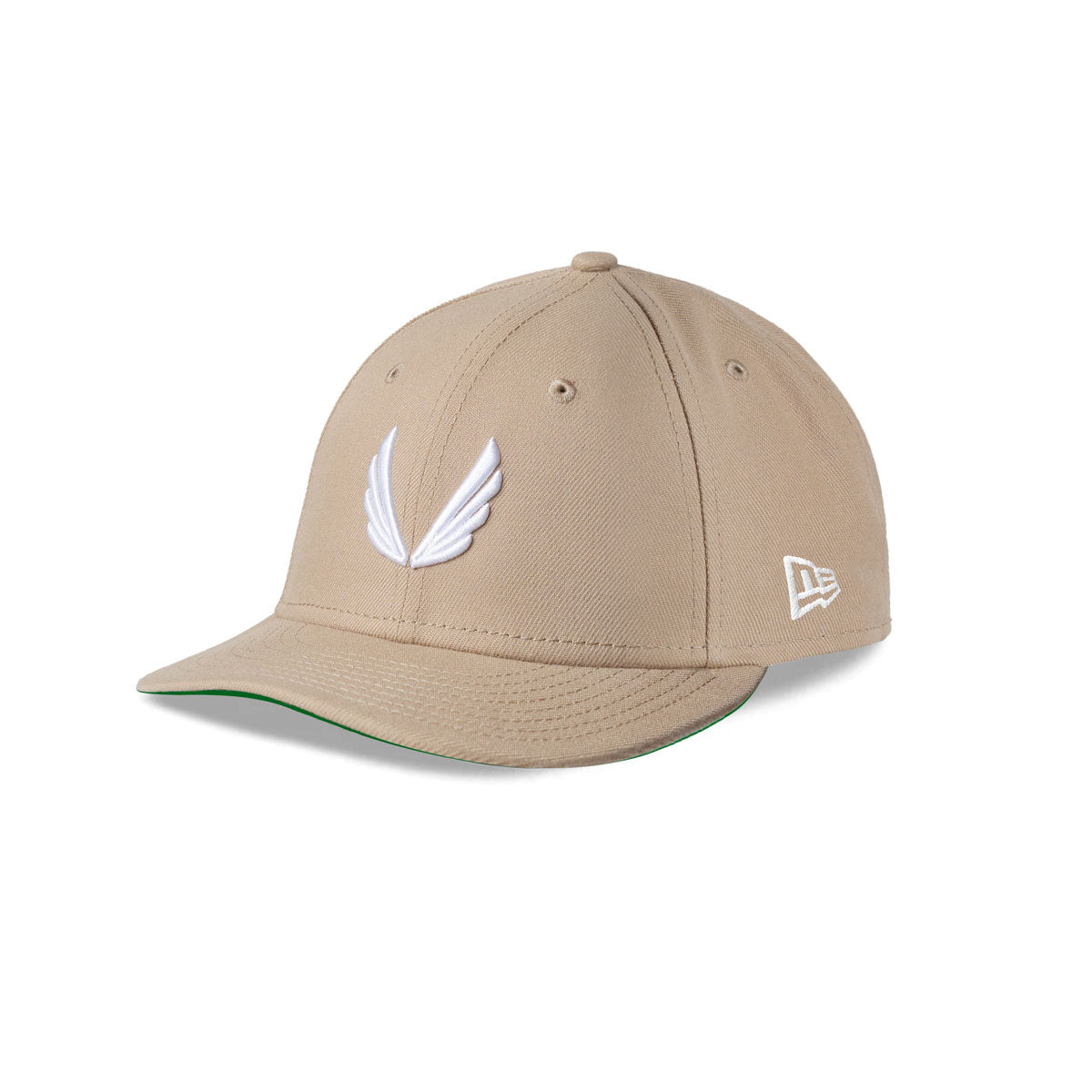 flatlay New Era 59Fifty Low Profile Hat in beige with white wings logo, front view