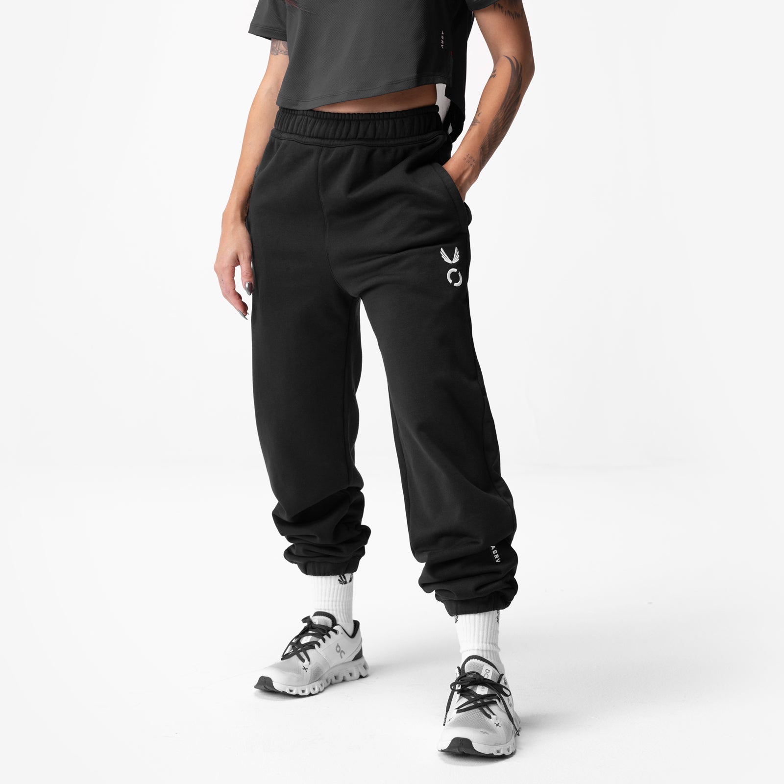 Black ASRV Sorona French-Terry Oversized Jogger worn by model, front view