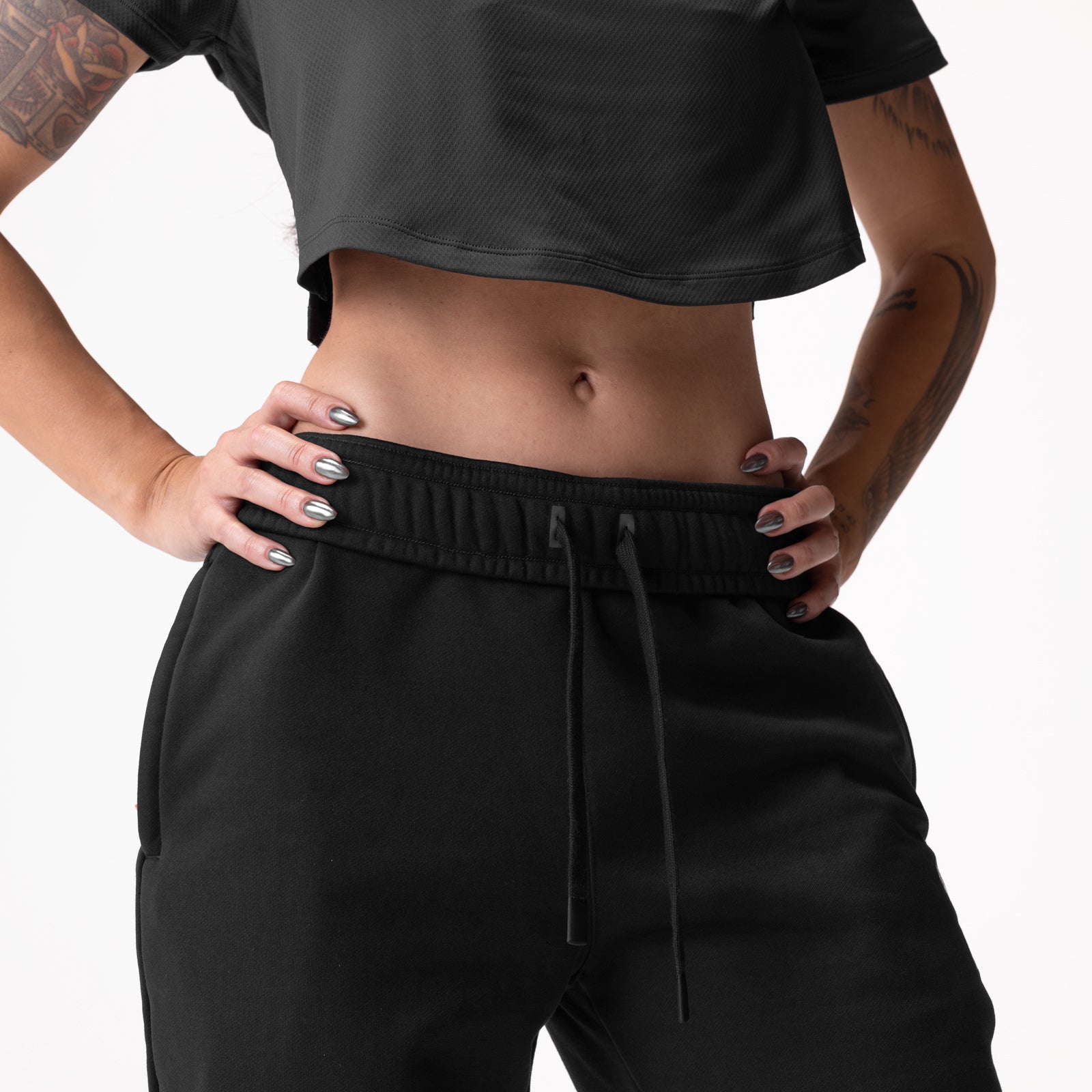 Black ASRV Sorona French-Terry Oversized Jogger worn by model, front view