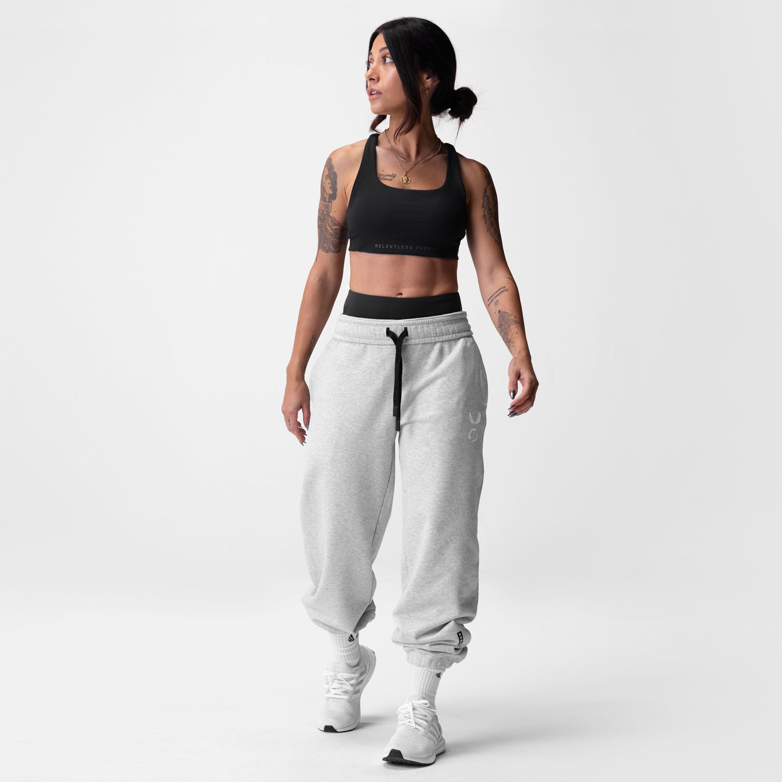 Heather grey oversized jogger worn by model, front view