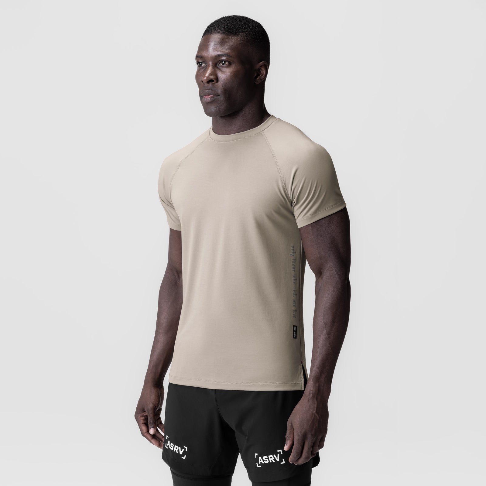 3D-Lite® 2.0 Lycra® Fitted Tee in sand smoke, worn by model, side view