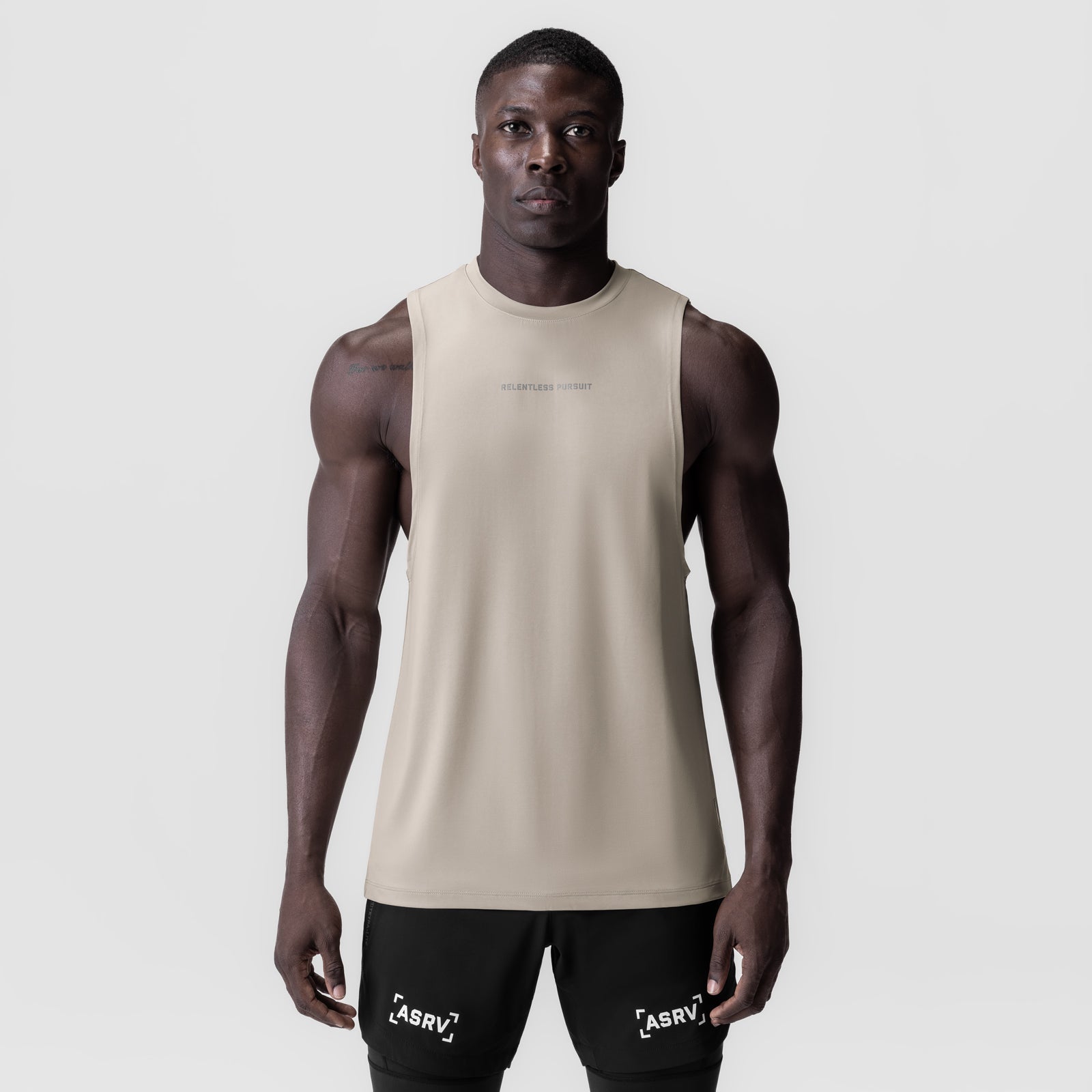 3D-Lite® 2.0 Lycra® Muscle Tank in sand smoke, modeled front view