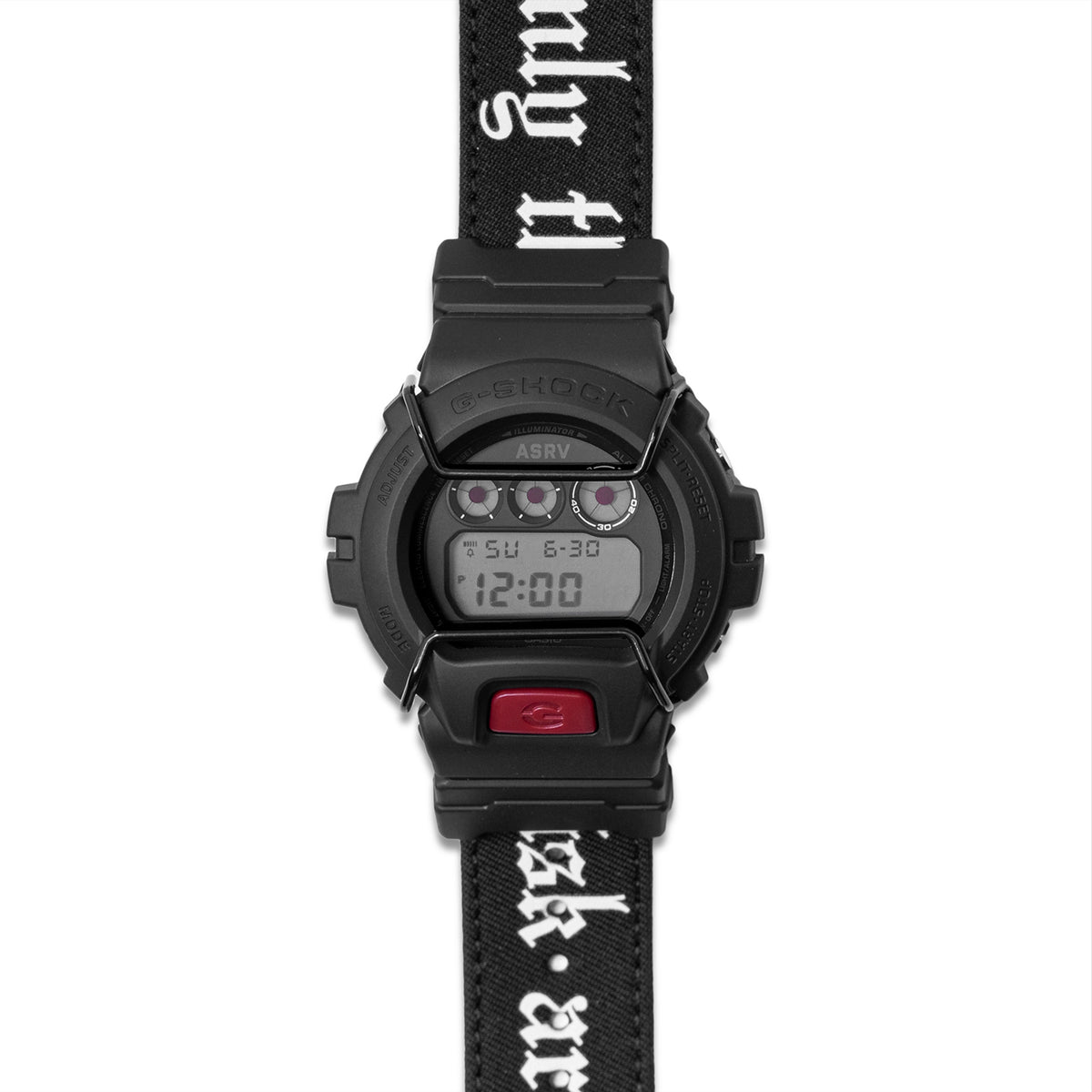 ASRV x G-SHOCK DW6900 digital watch in black, front view
