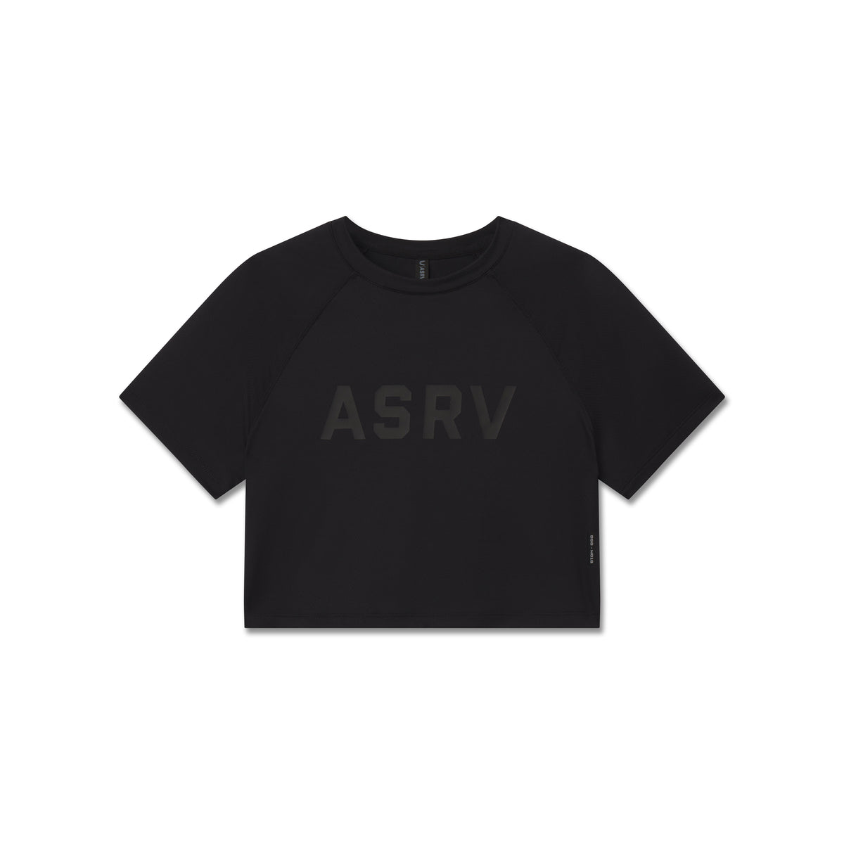 Flatlay of ASRV AeroSilver Cropped Tee in black with tonal logo, front view