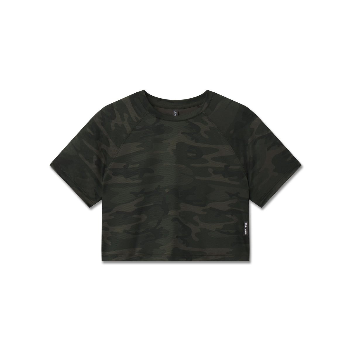 AeroSilver® cropped tee in dark camo, front view