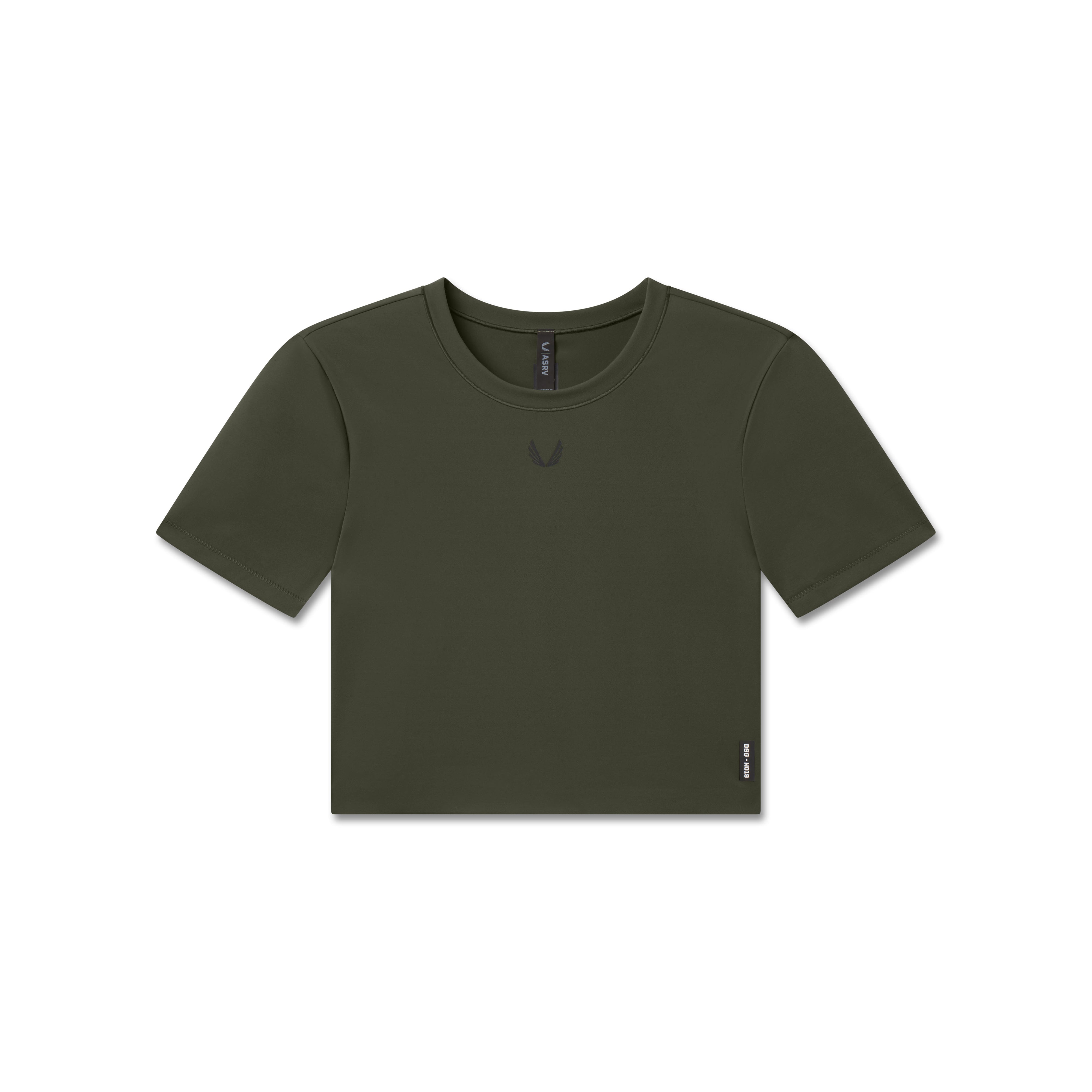 Flatlay of W019 Lycra Cropped Tee in olive, front view on white background