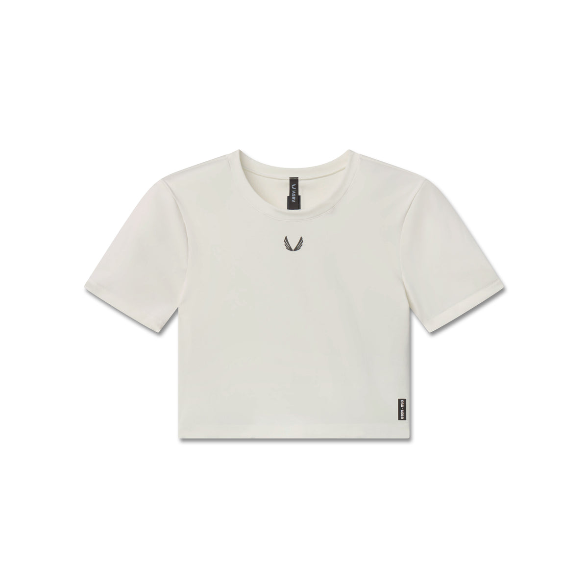 W019 Lycra cropped tee in ivory cream, front view