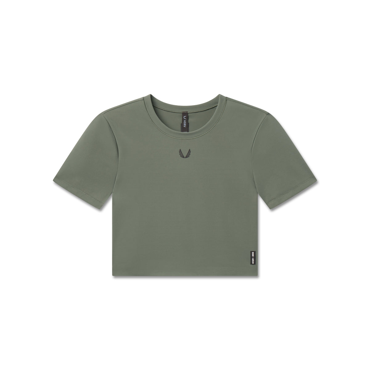 Flatlay of W019 LYCRA® Cropped Tee in sage green, front view