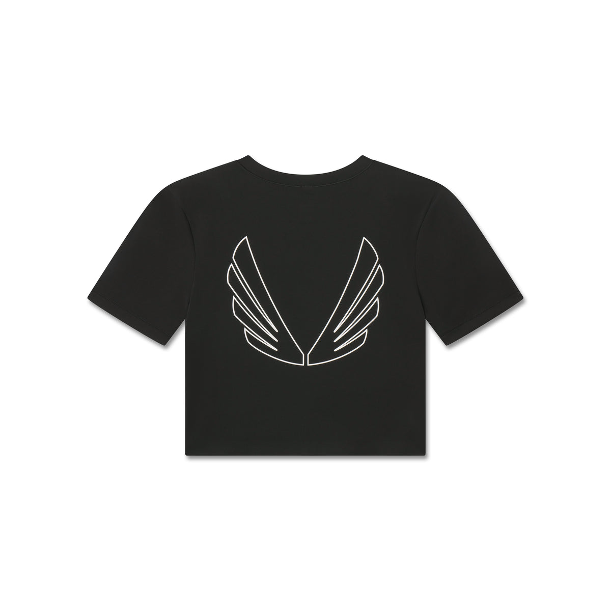 Flatlay of black cropped tee with white wing graphic design, front view