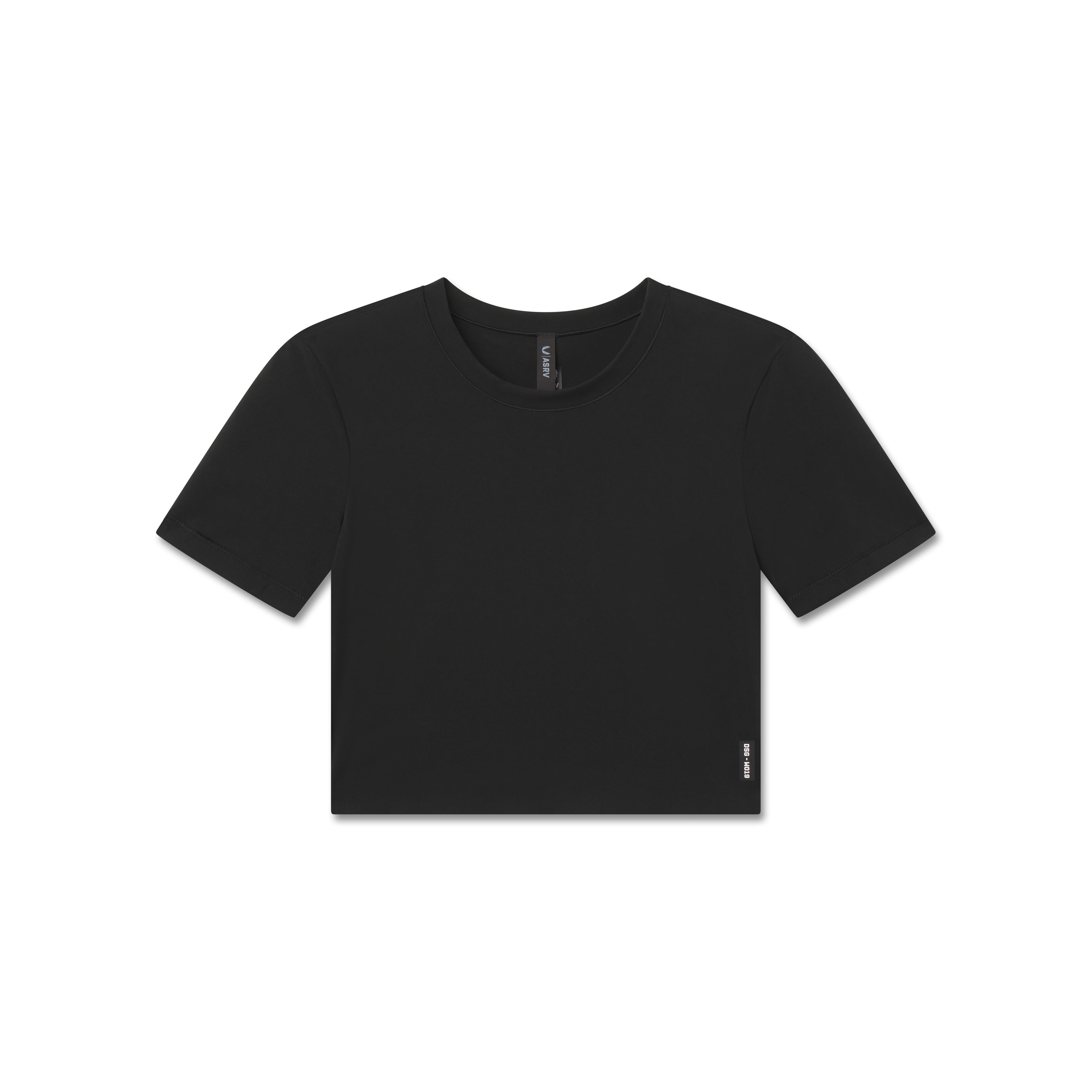 flatlay W019 Lycra cropped tee in black, front view