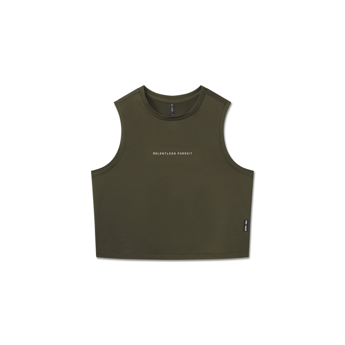AeroSilver Tank Top in olive with 'Relentless Pursuit' text, front view