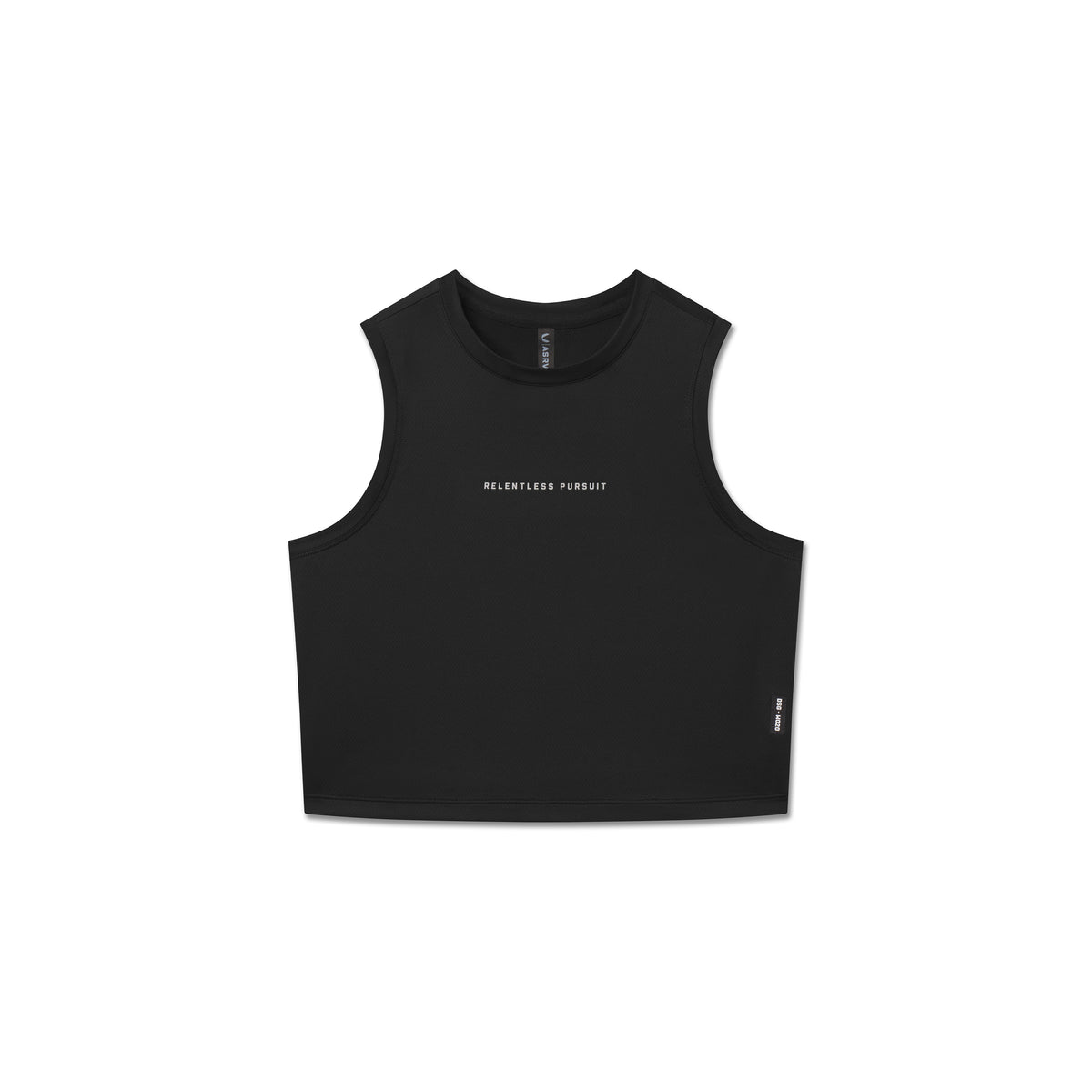 AeroSilver Tank Top in black with 'Relentless Pursuit' text, front view