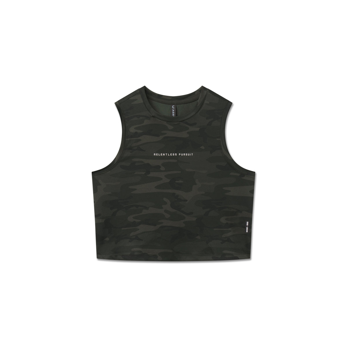 AeroSilver Tank Top in dark camo with Relentless Pursuit text, front view