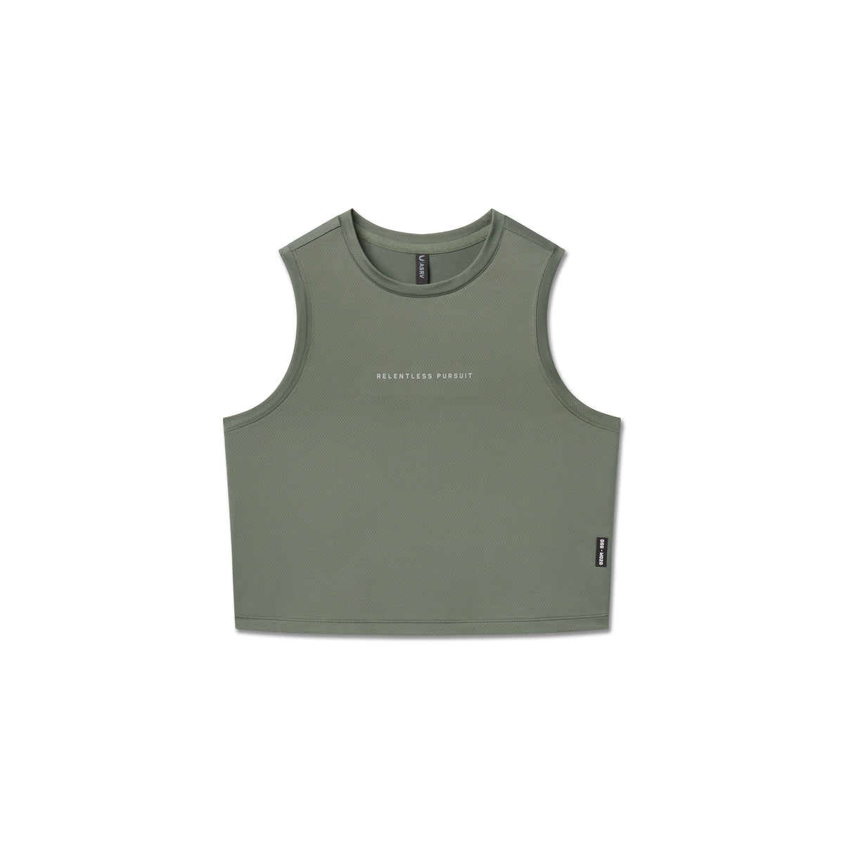 AeroSilver Tank Top in sage green with 'Relentless Pursuit' text, front view