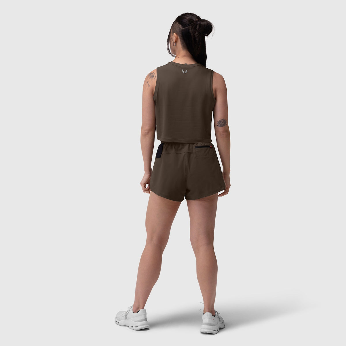 W020 AeroSilver Tank Top in Dark Earth worn by model, back view