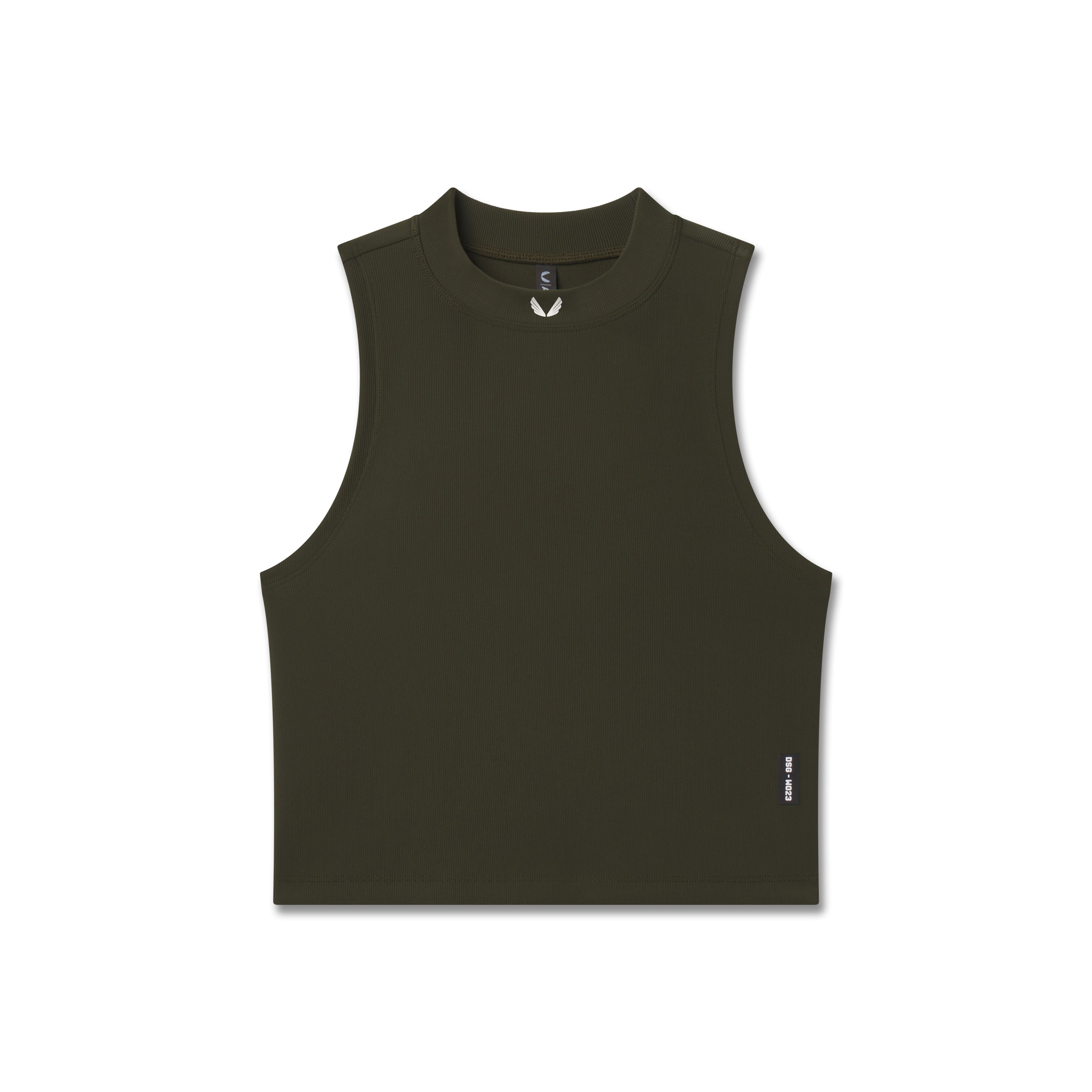 Lycra ribbed mockneck tank in olive, front view