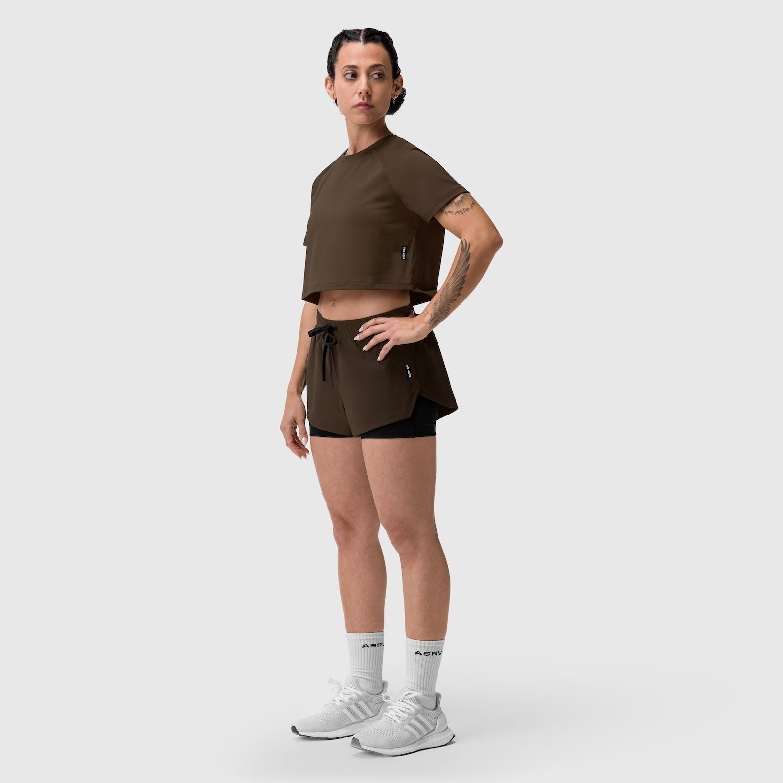 Tetra-Lite Liner Short in Dark Earth, worn with cropped tee, front-facing pose