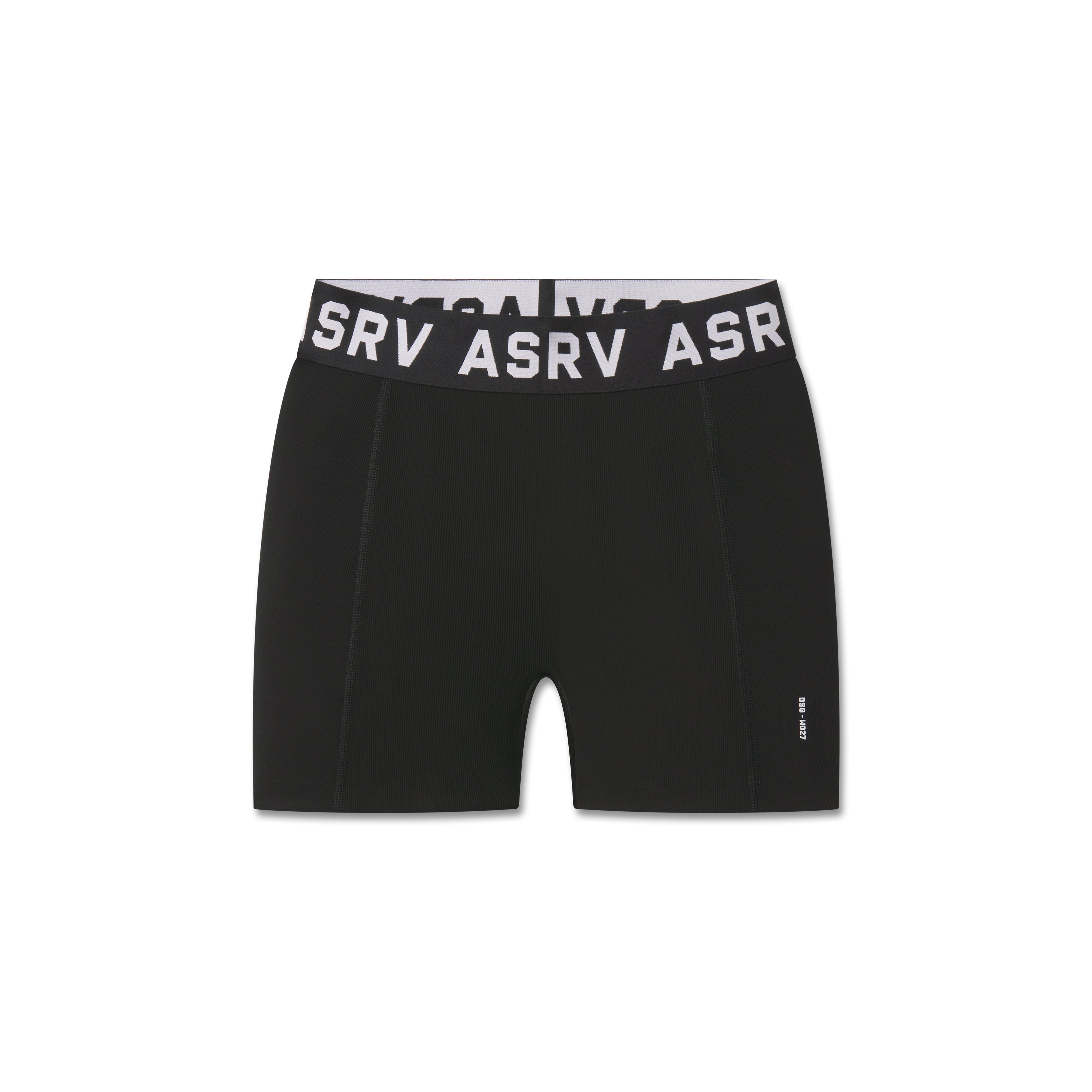Flatlay of LYCRA® Ribbed Short in black with gray waistband, front view