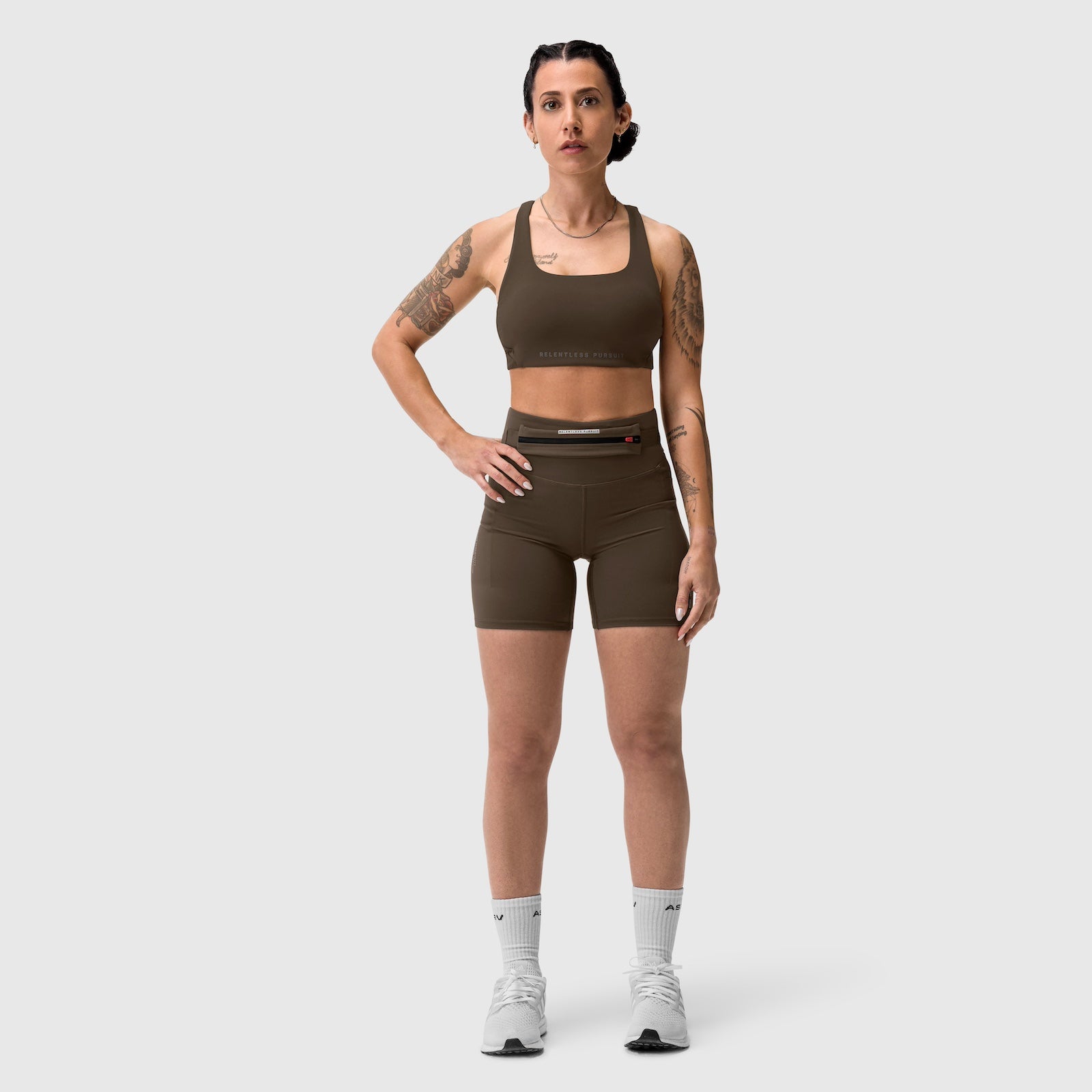 W029 Lycra 3-in-1 Biker Short in dark earth, worn with matching sports bra, front view