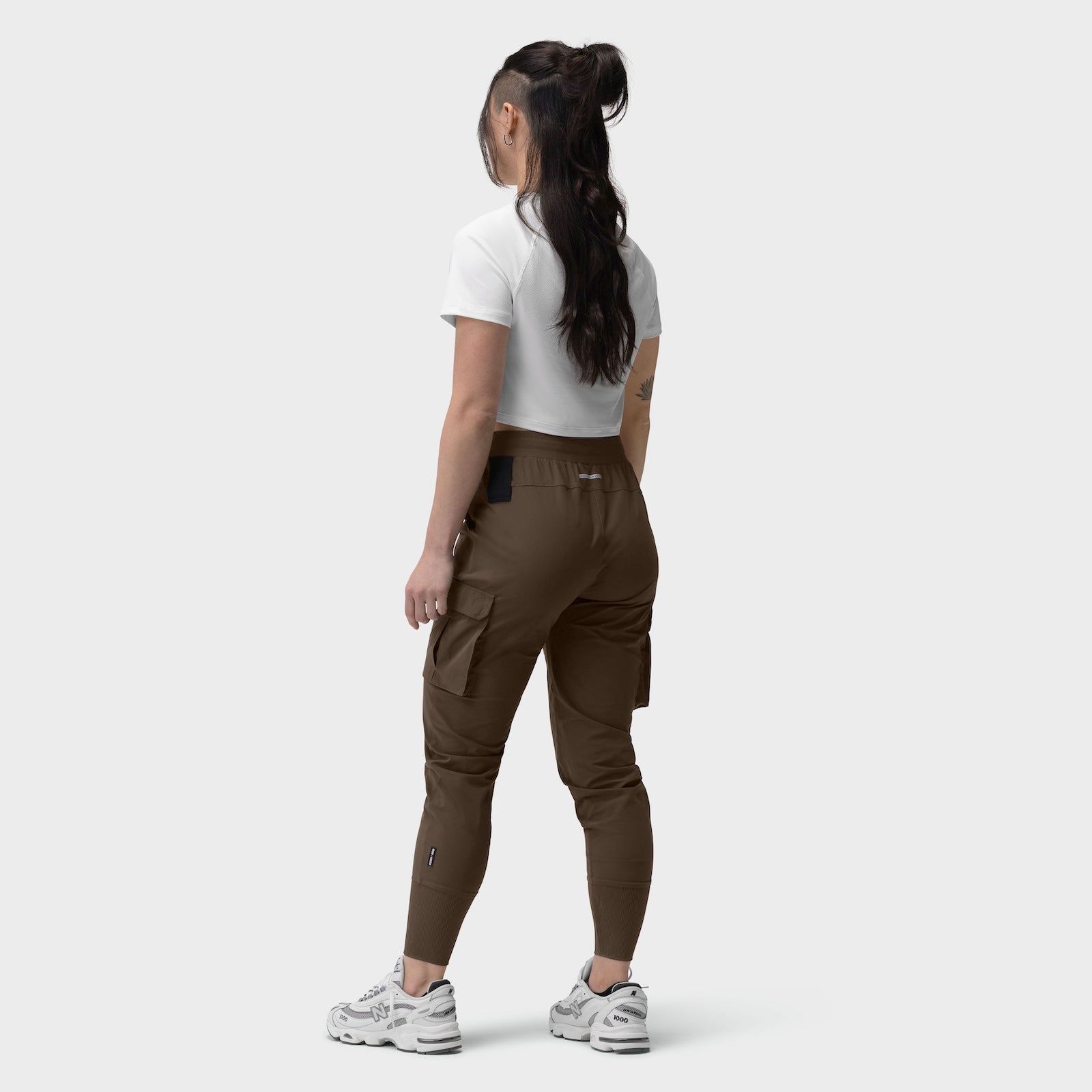 Tetra-Lite Cargo High Rib Jogger in Dark Earth, back view on model