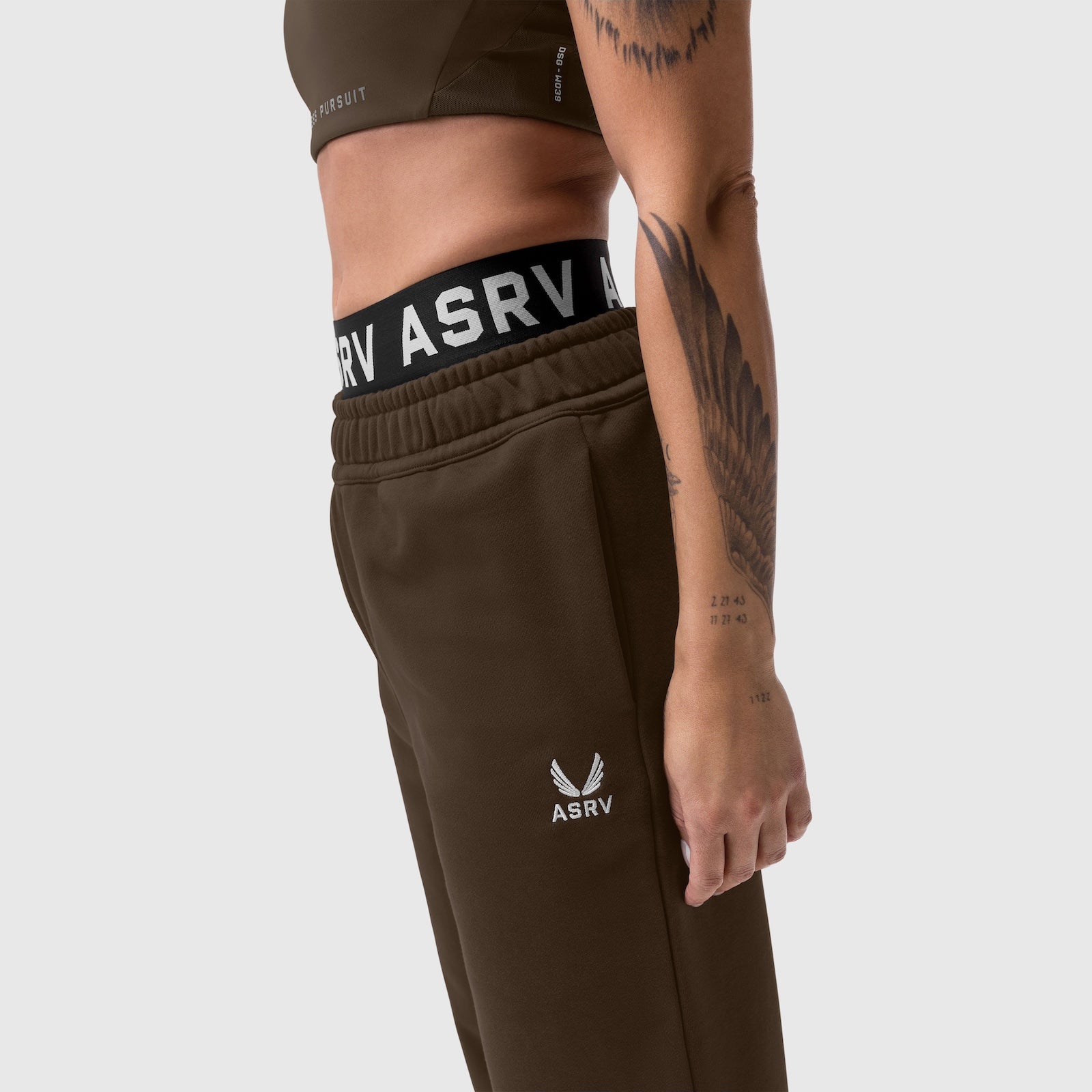 W034 Sorona® Terry Straight Leg Sweats in Dark Earth, worn by model, side view