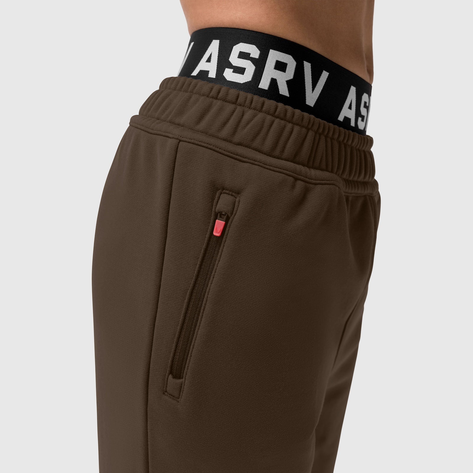 Sorona® Terry Straight Leg Sweats in Dark Earth worn on model, side view detail of zipper pocket