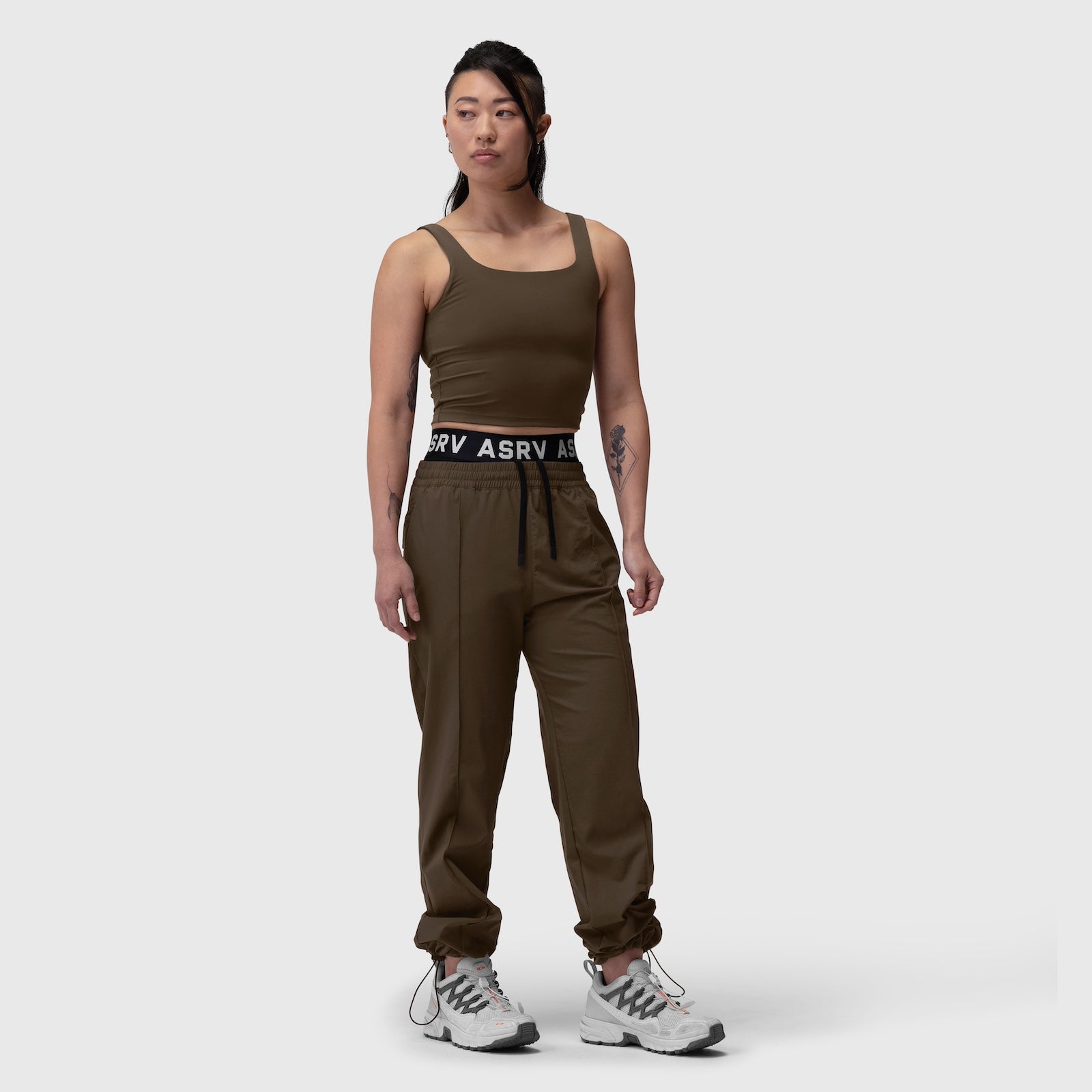 W036 Ripstop Relaxed Track Pant in Dark Earth, worn with matching tank top