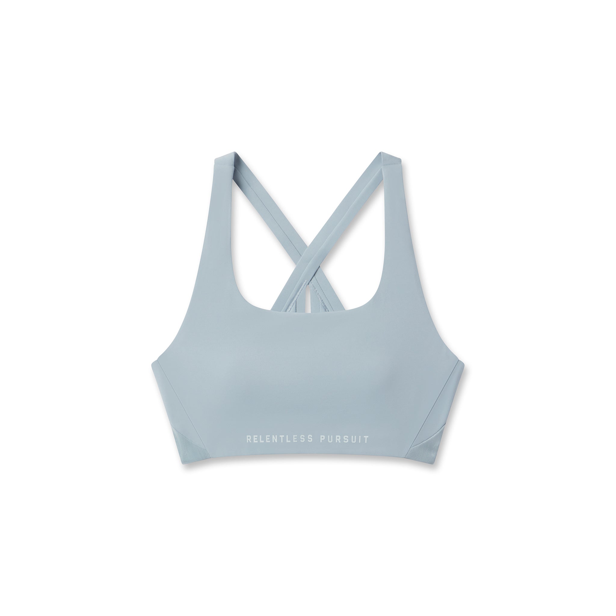 Flatlay of W039 Lycra Hybrid Sports Bra in light sky, front view with crossback straps
