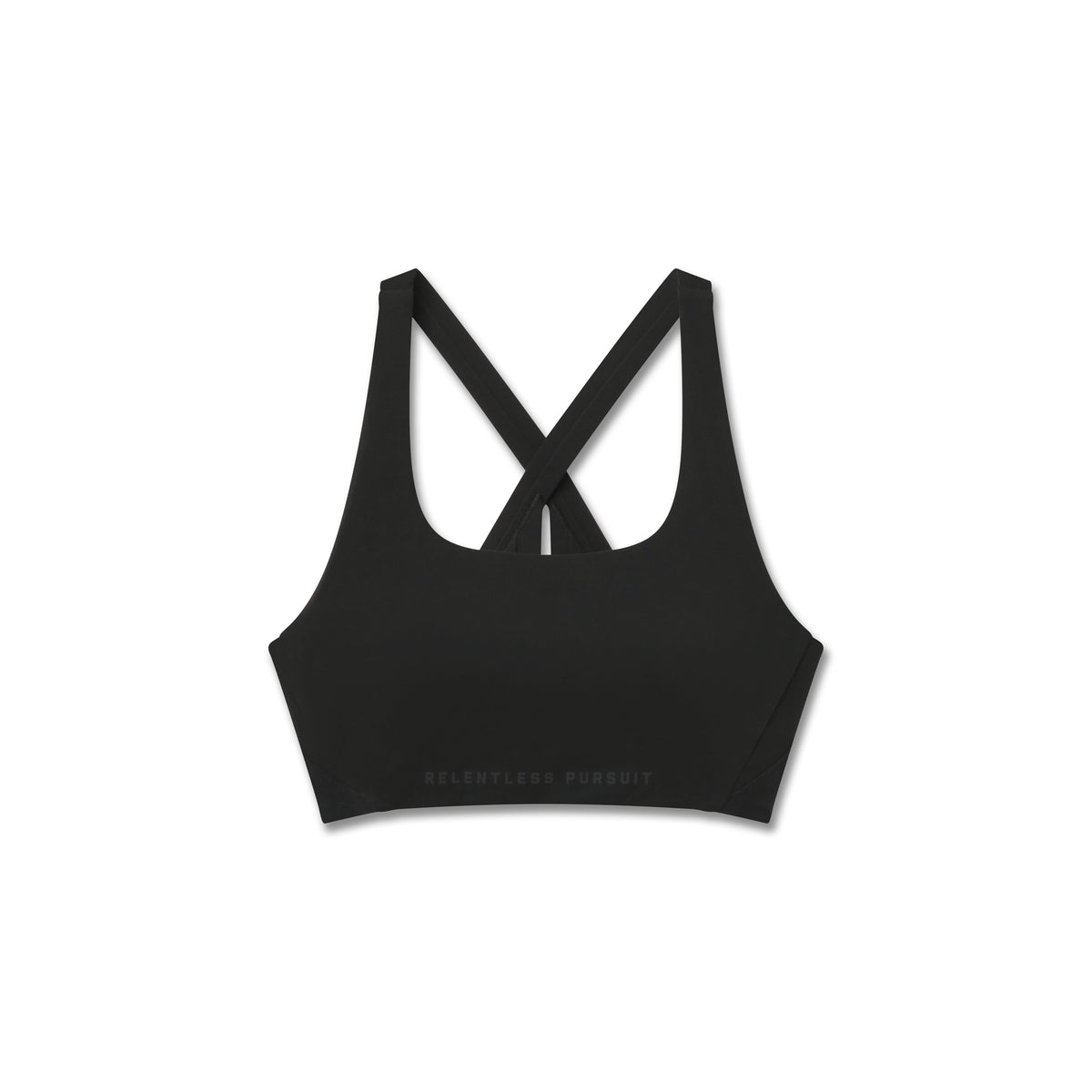 Flatlay of black Lycra hybrid sports bra with crossback straps, front view