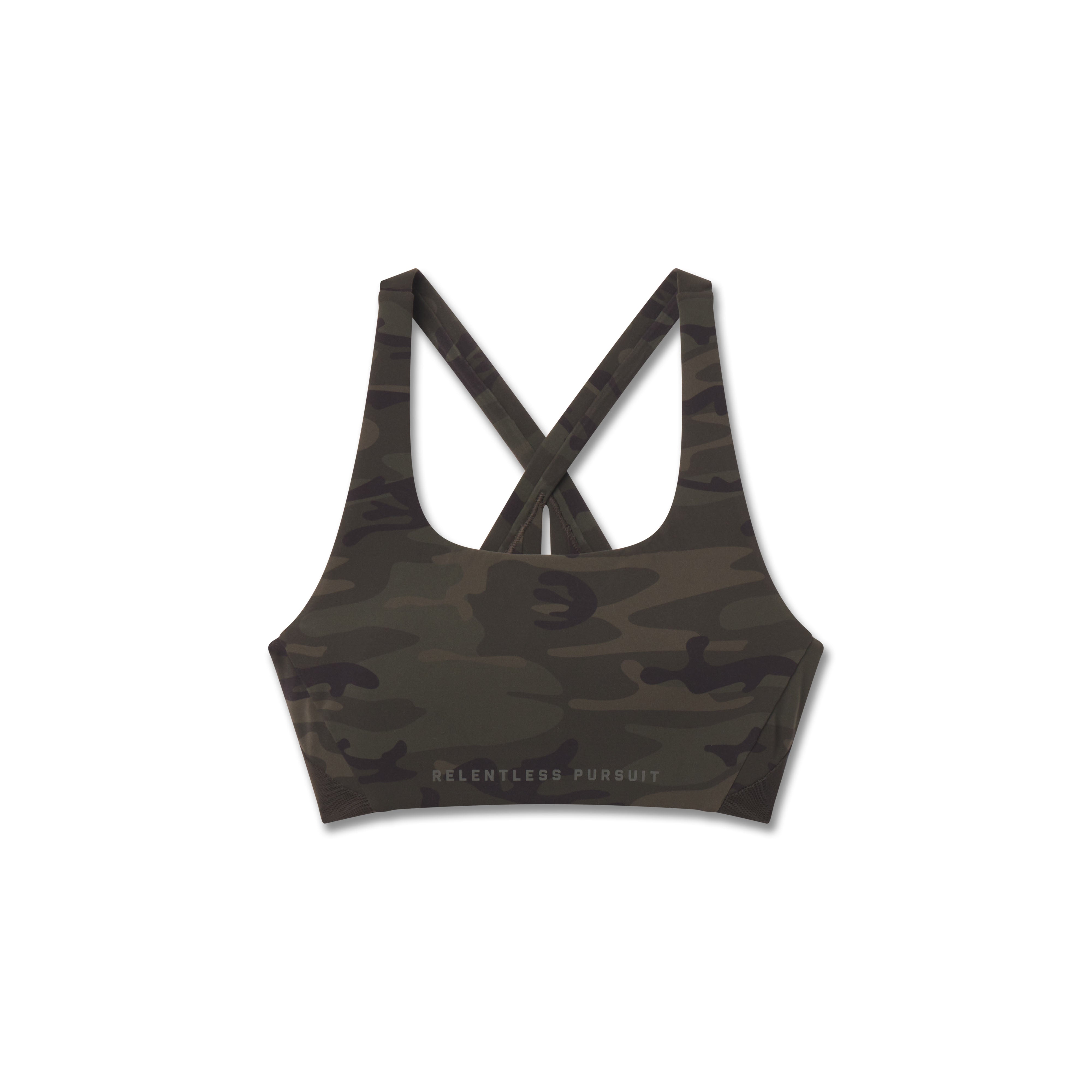 Flatlay of W039 Lycra Hybrid Sports Bra in dark camo, front view
