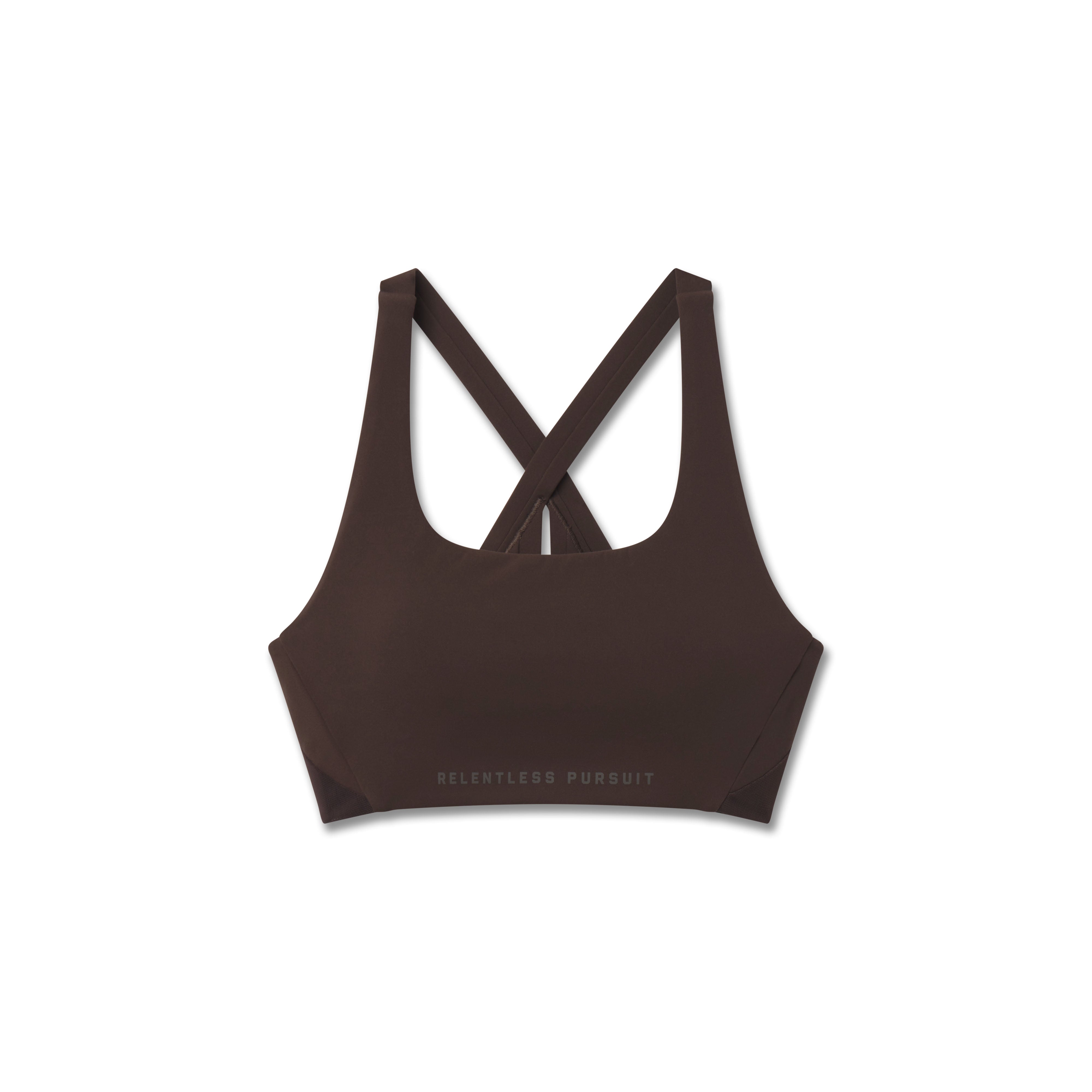 Flatlay of LYCRA® Hybrid Sports Bra in dark brown, front view