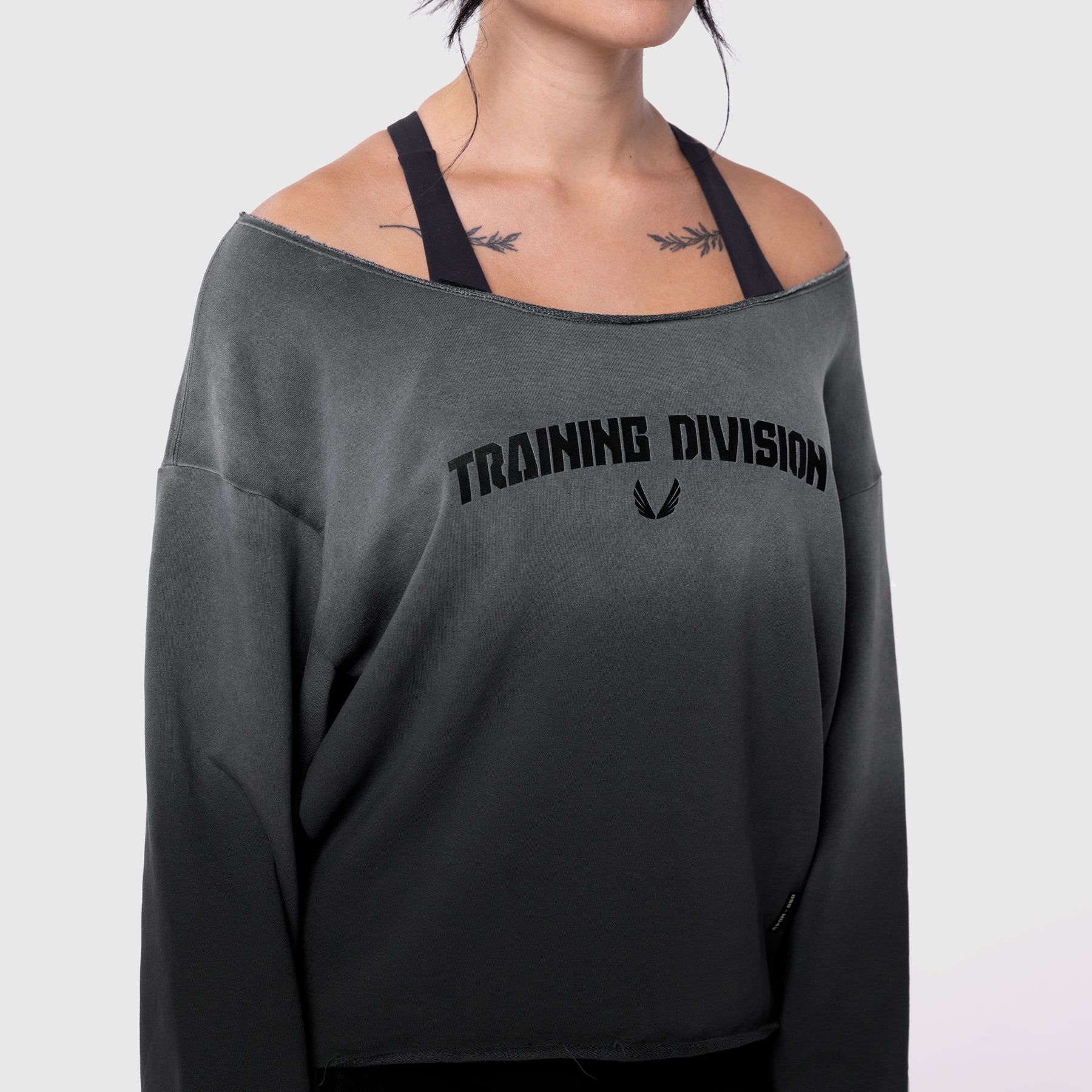 Raw Hem Oversized Crewneck in black sun fade worn by model, front view