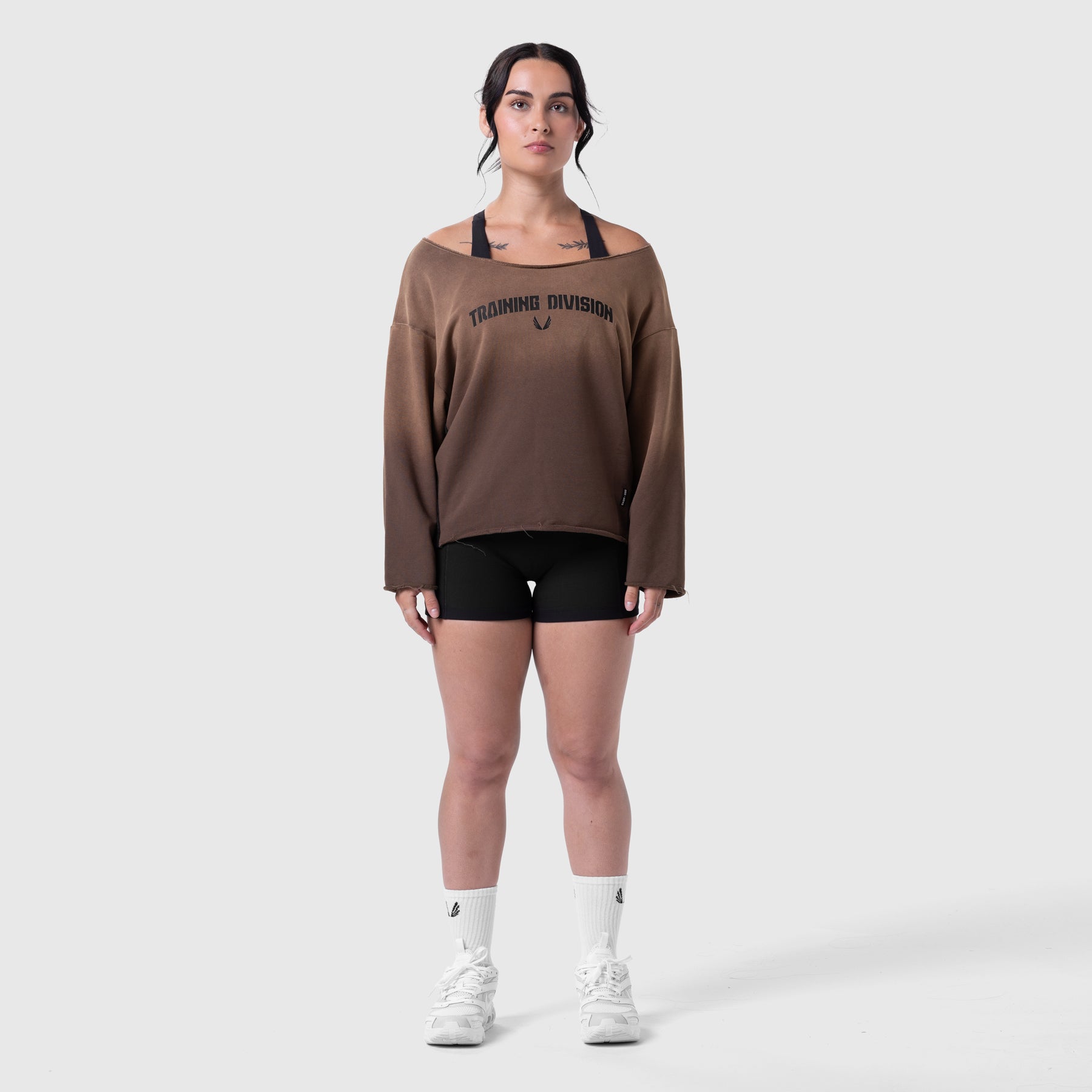 Raw Hem Oversized Crewneck in dark earth, worn with black shorts and white socks