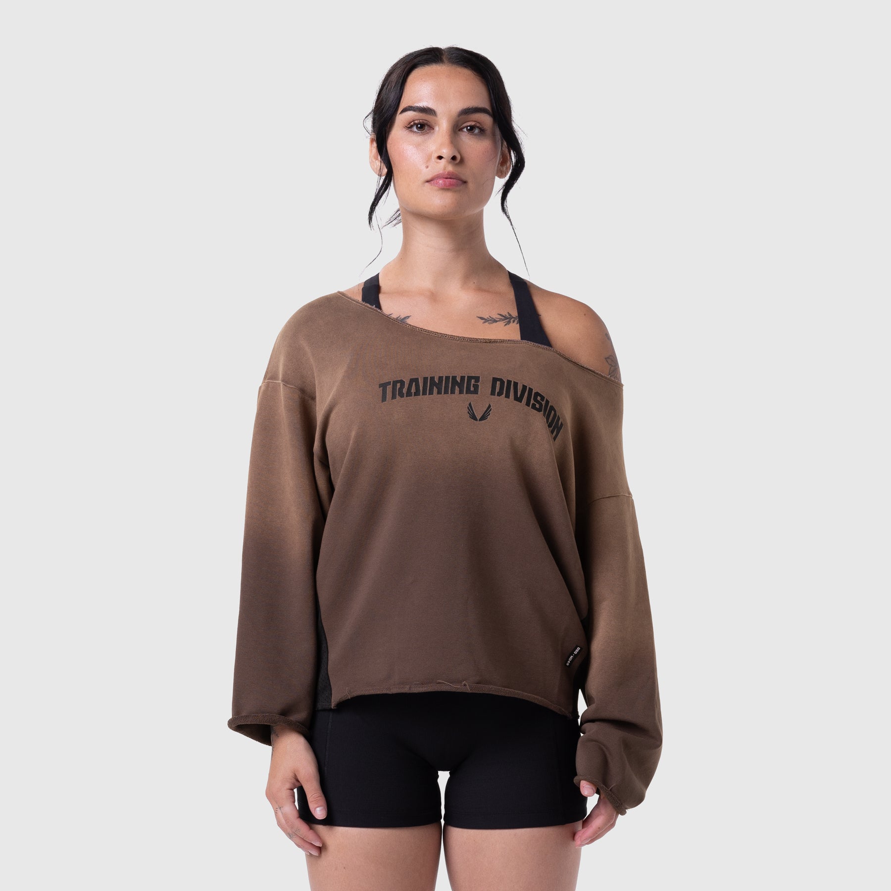 Raw Hem Oversized Crewneck in dark earth, worn with black shorts, front view